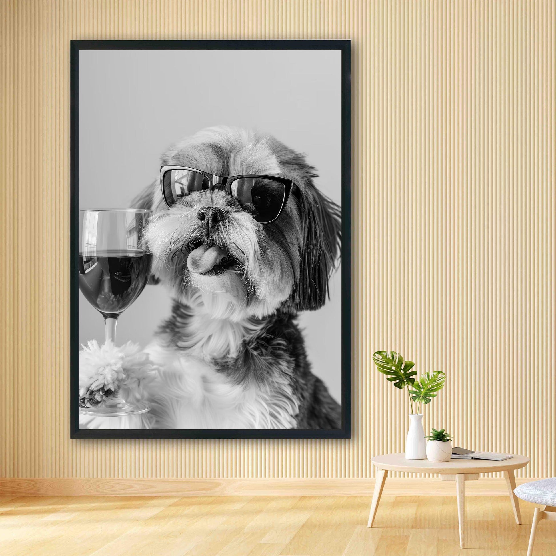 Shih Tzu and Wine Print Bar Cart Print, Funny Dog Poster, Trendy Kitchen Decor - Black and White Wall Art