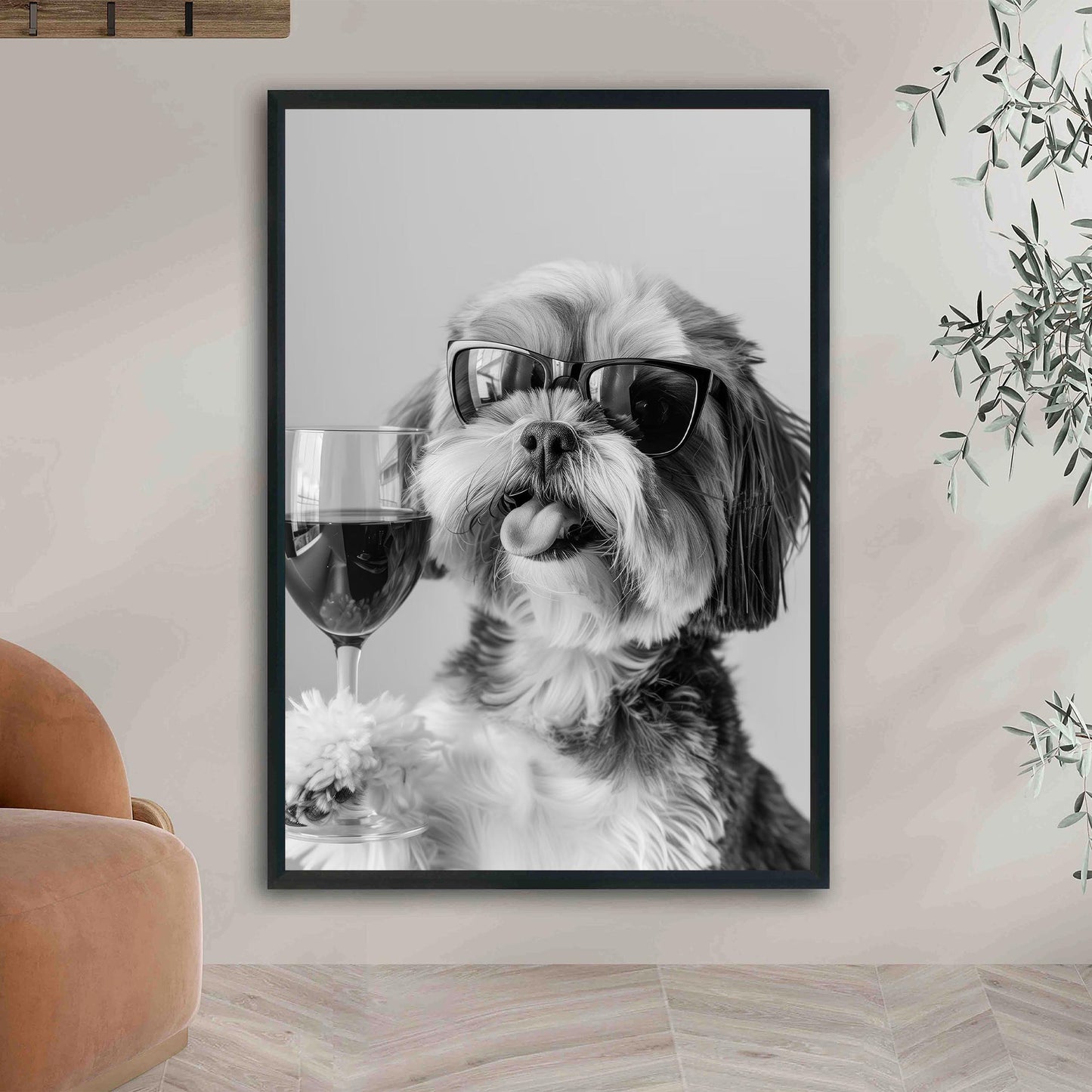 Shih Tzu and Wine Print Bar Cart Print, Funny Dog Poster, Trendy Kitchen Decor - Black and White Wall Art