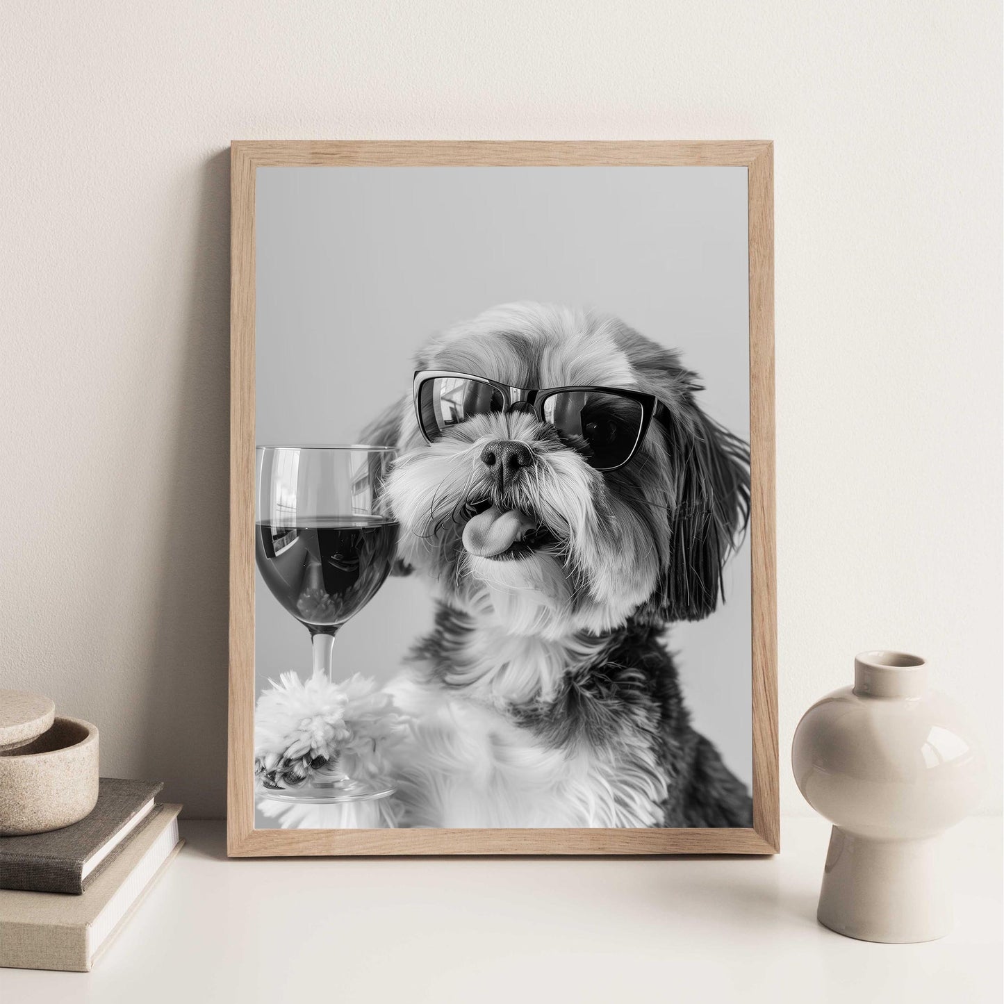 Shih Tzu and Wine Print Bar Cart Print, Funny Dog Poster, Trendy Kitchen Decor - Black and White Wall Art