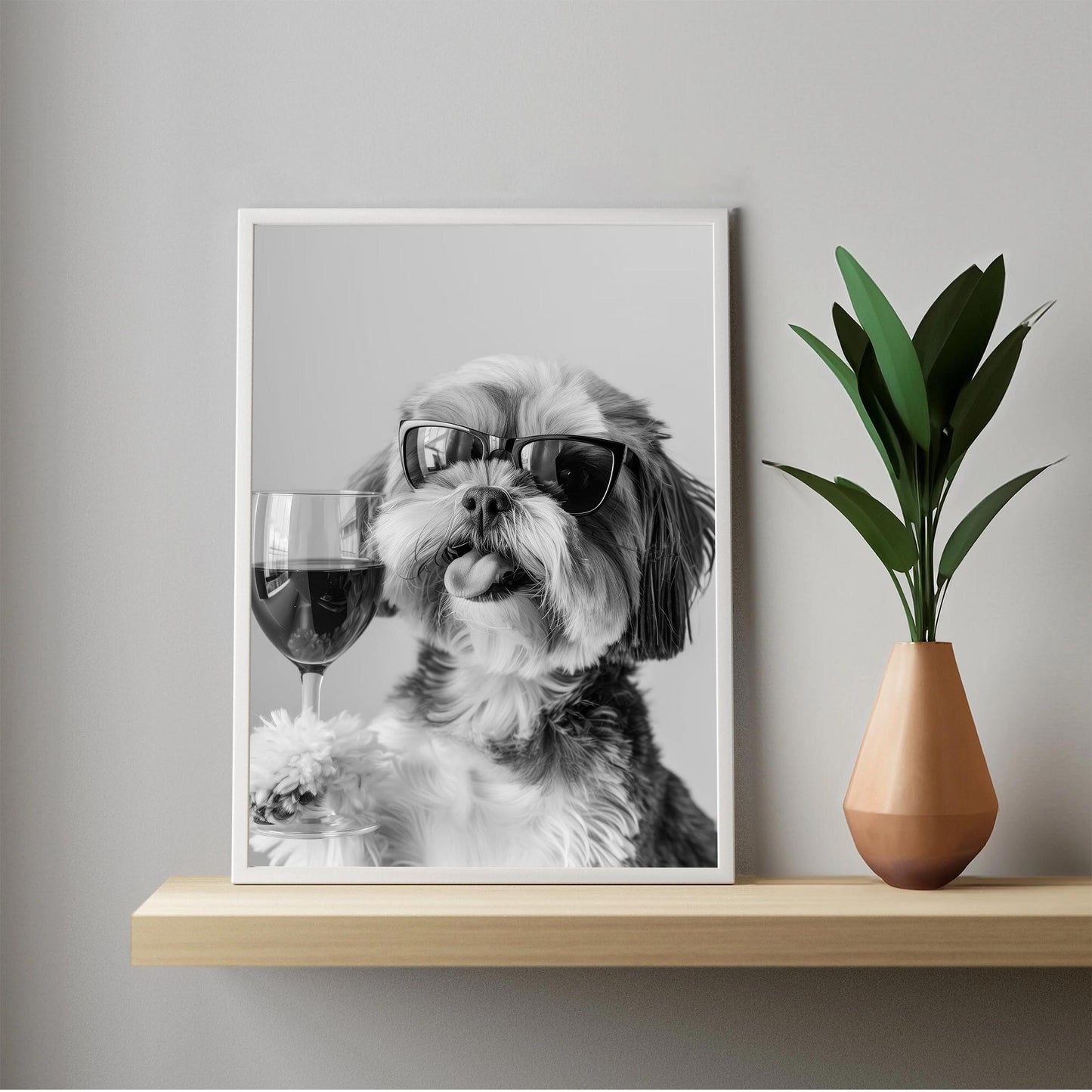 Shih Tzu and Wine Print Bar Cart Print, Funny Dog Poster, Trendy Kitchen Decor - Black and White Wall Art