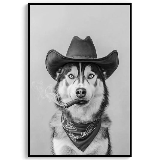 Siberian Husky Cowboy Wall Art Western Dog Print, Vintage Husky Poster, Retro Black and White Decor