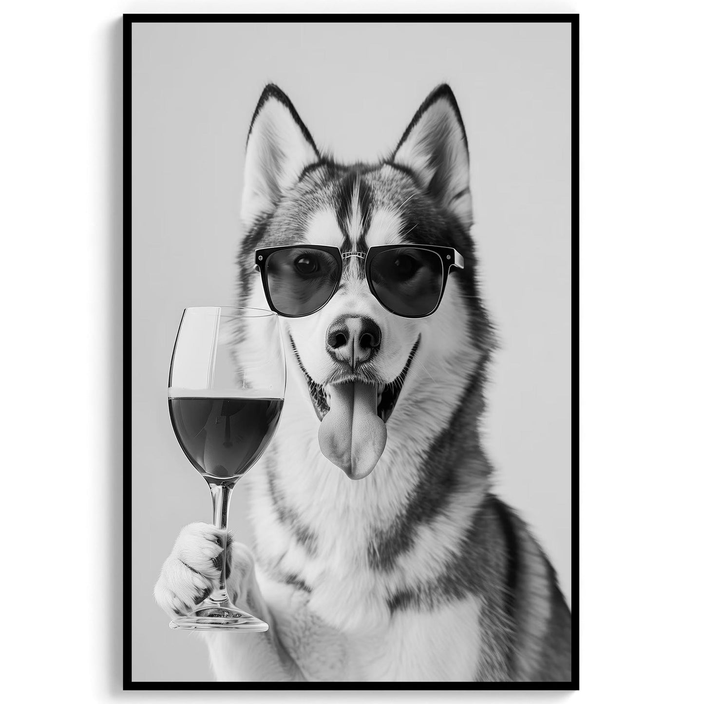 Siberian Husky and Wine Print Bar Cart Print, Funny Dog Poster, Trendy Kitchen Decor - Black and White Wall Art