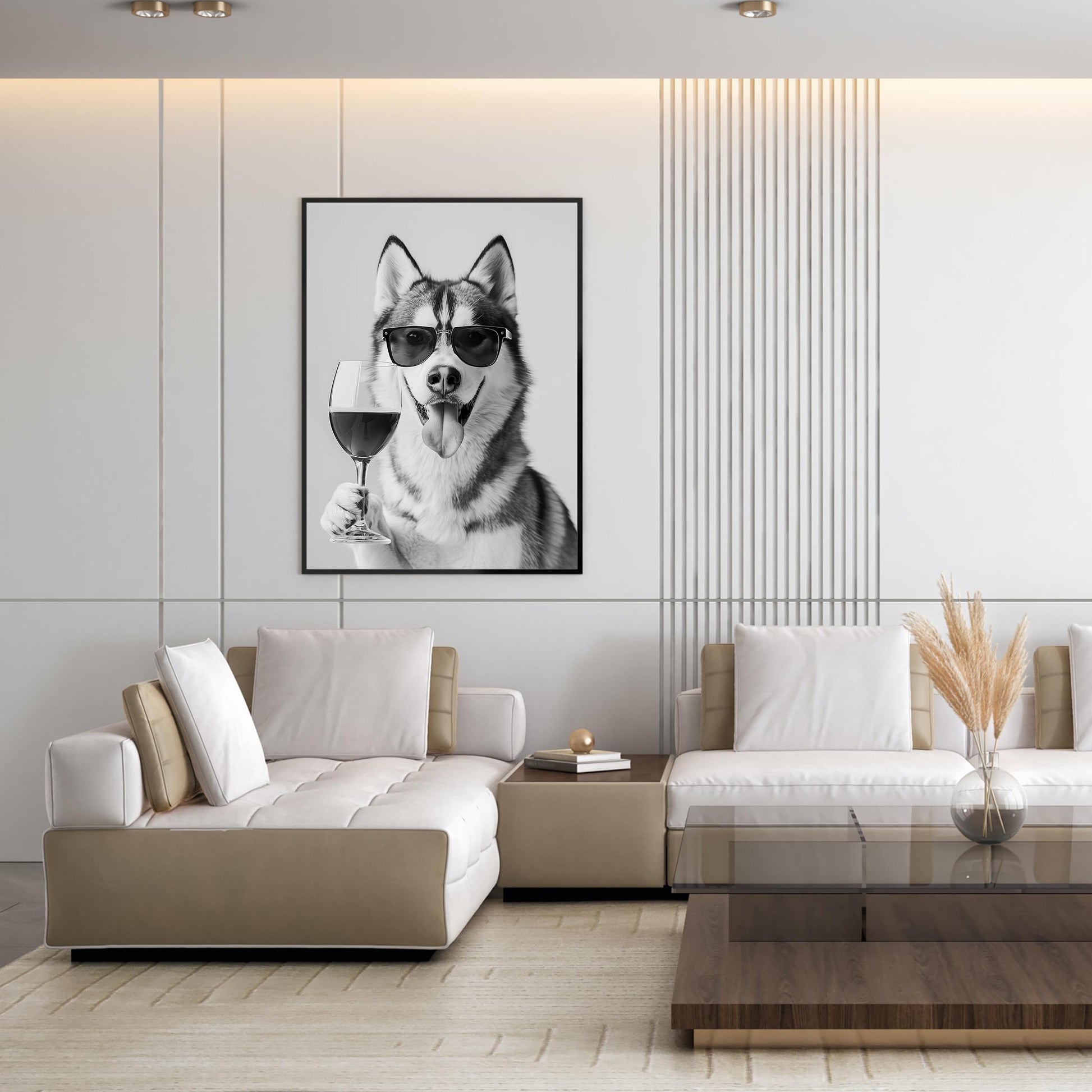 Siberian Husky and Wine Print Bar Cart Print, Funny Dog Poster, Trendy Kitchen Decor - Black and White Wall Art