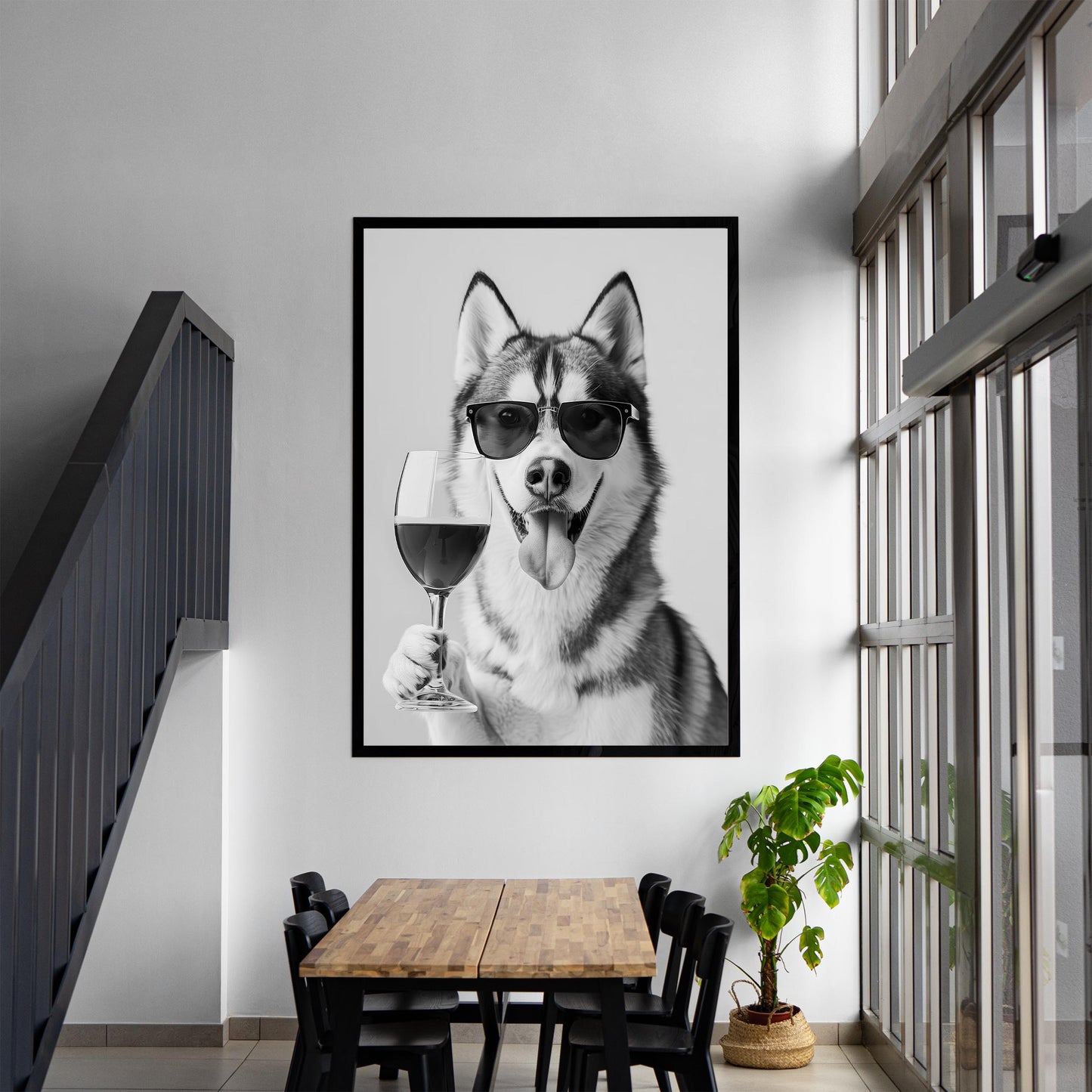 Siberian Husky and Wine Print Bar Cart Print, Funny Dog Poster, Trendy Kitchen Decor - Black and White Wall Art