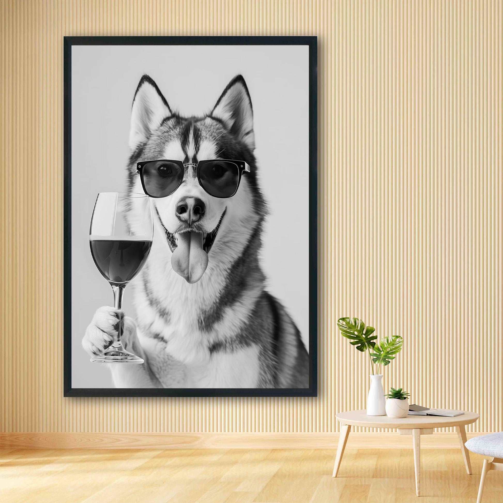 Siberian Husky and Wine Print Bar Cart Print, Funny Dog Poster, Trendy Kitchen Decor - Black and White Wall Art