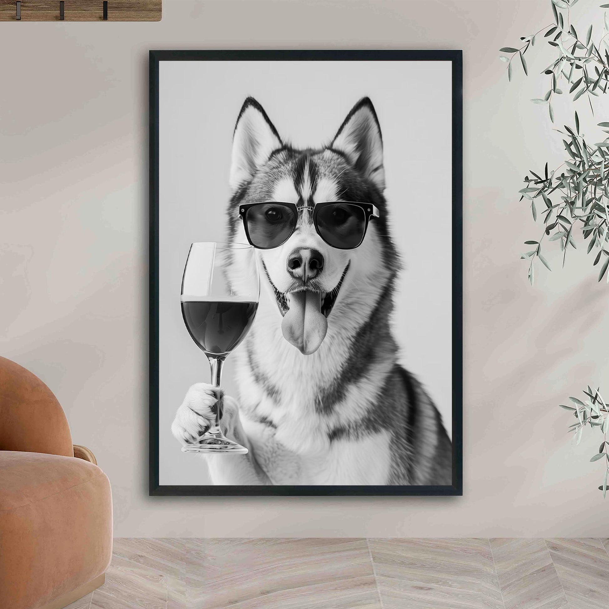 Siberian Husky and Wine Print Bar Cart Print, Funny Dog Poster, Trendy Kitchen Decor - Black and White Wall Art