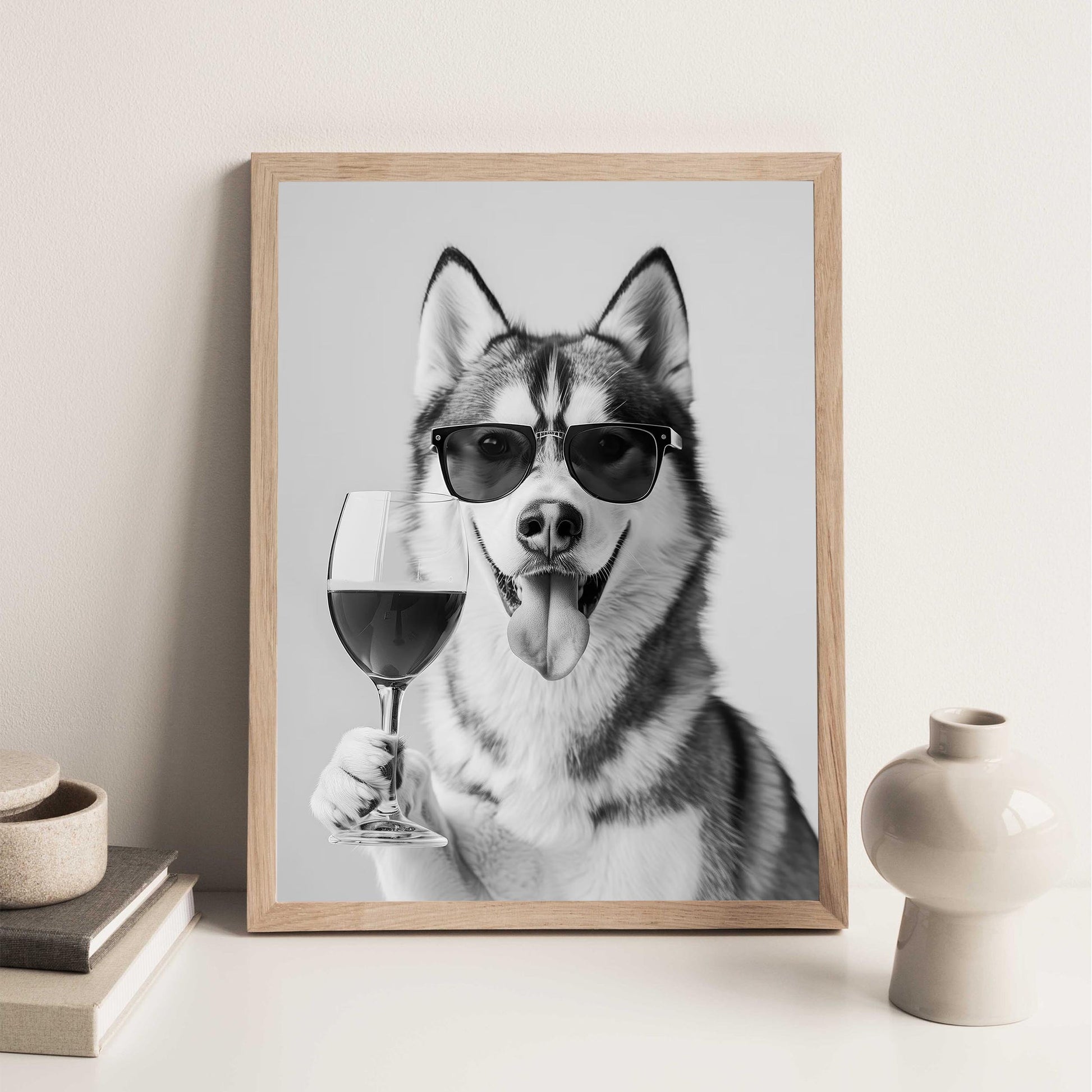 Siberian Husky and Wine Print Bar Cart Print, Funny Dog Poster, Trendy Kitchen Decor - Black and White Wall Art