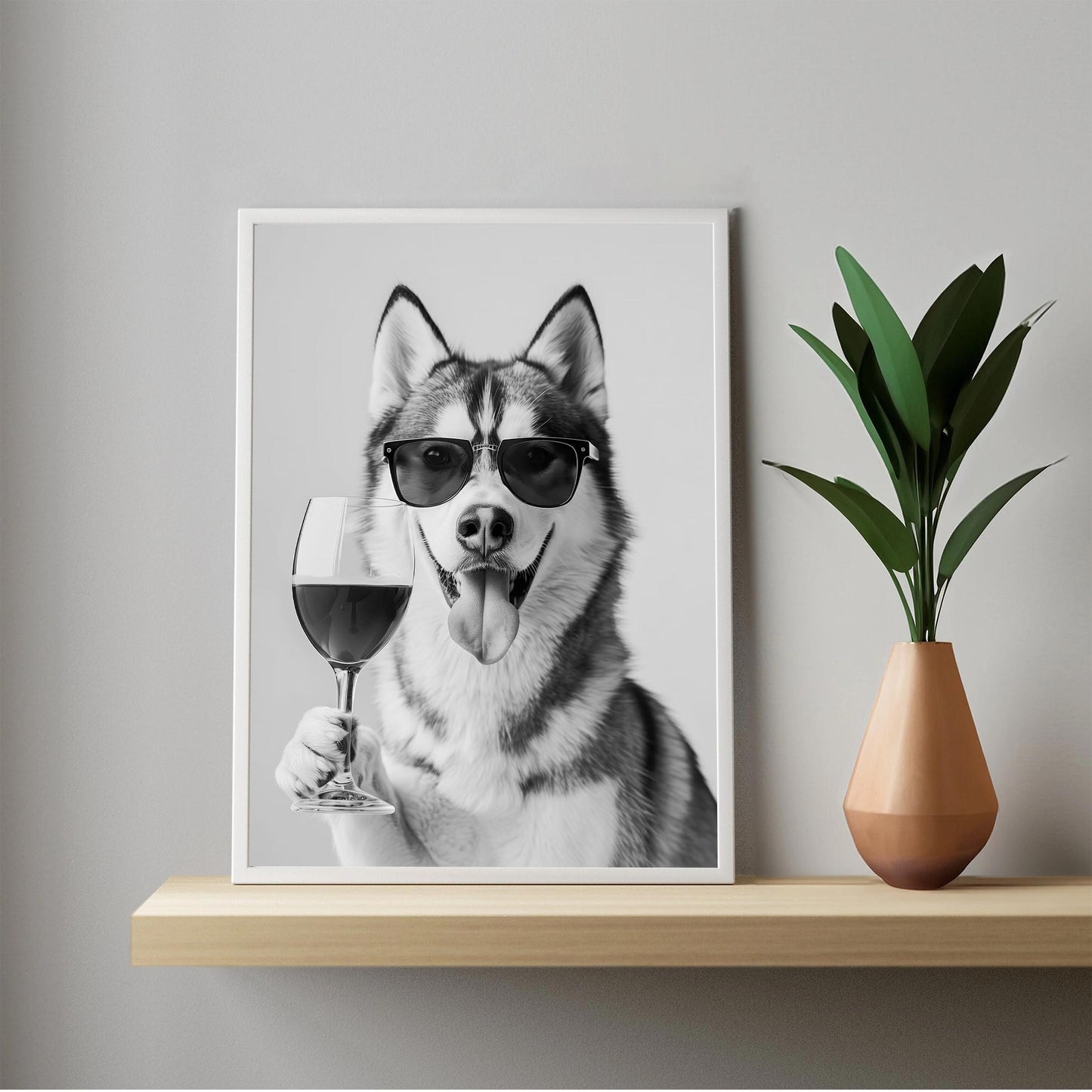Siberian Husky and Wine Print Bar Cart Print, Funny Dog Poster, Trendy Kitchen Decor - Black and White Wall Art