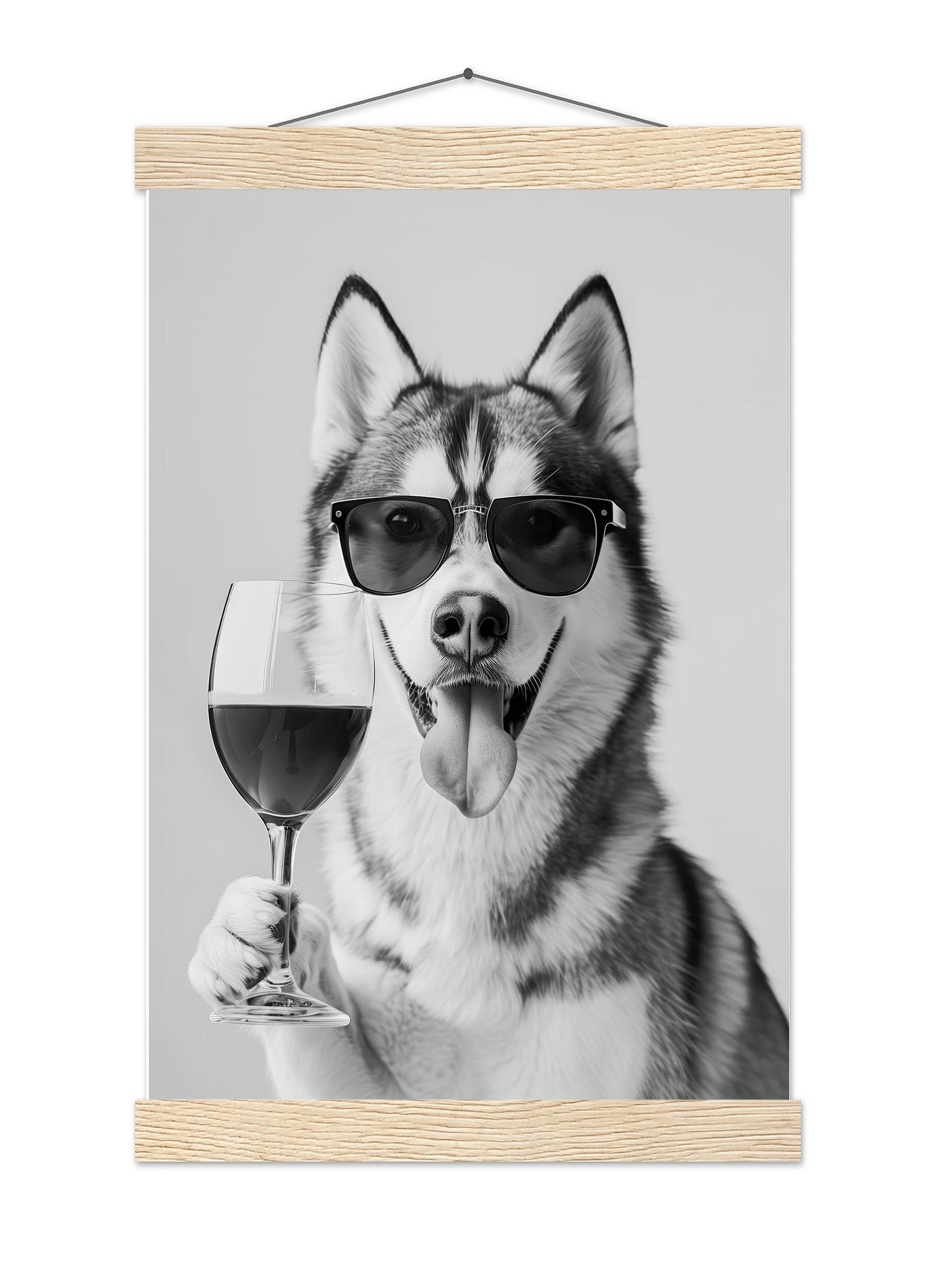 Siberian Husky and Wine Print Bar Cart Print, Funny Dog Poster, Trendy Kitchen Decor - Black and White Wall Art