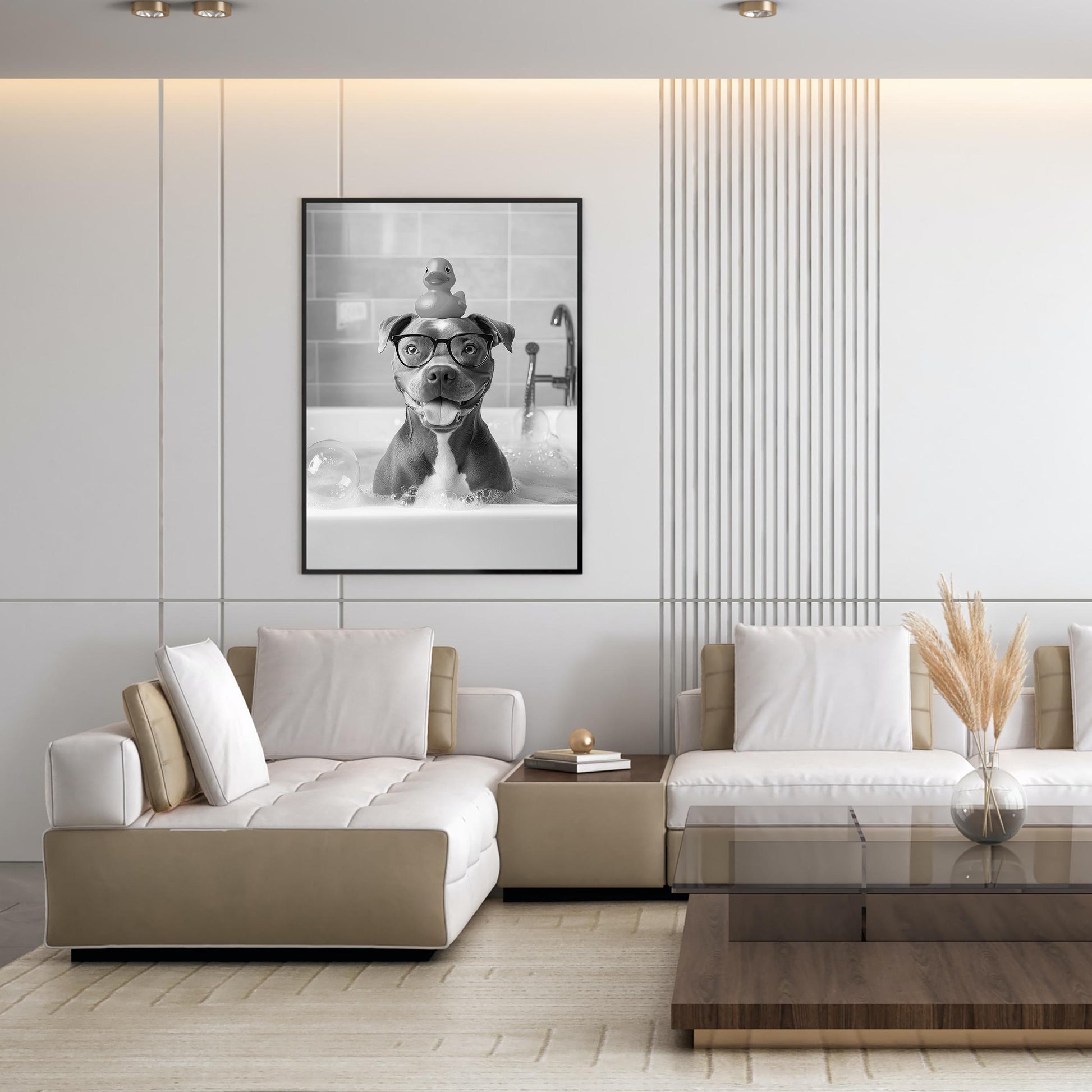 Staffy Bull Terrier Bath Wall Art, Dog In Bathtub Poster, Funny Dog Art, Bathroom Wall Decor - B