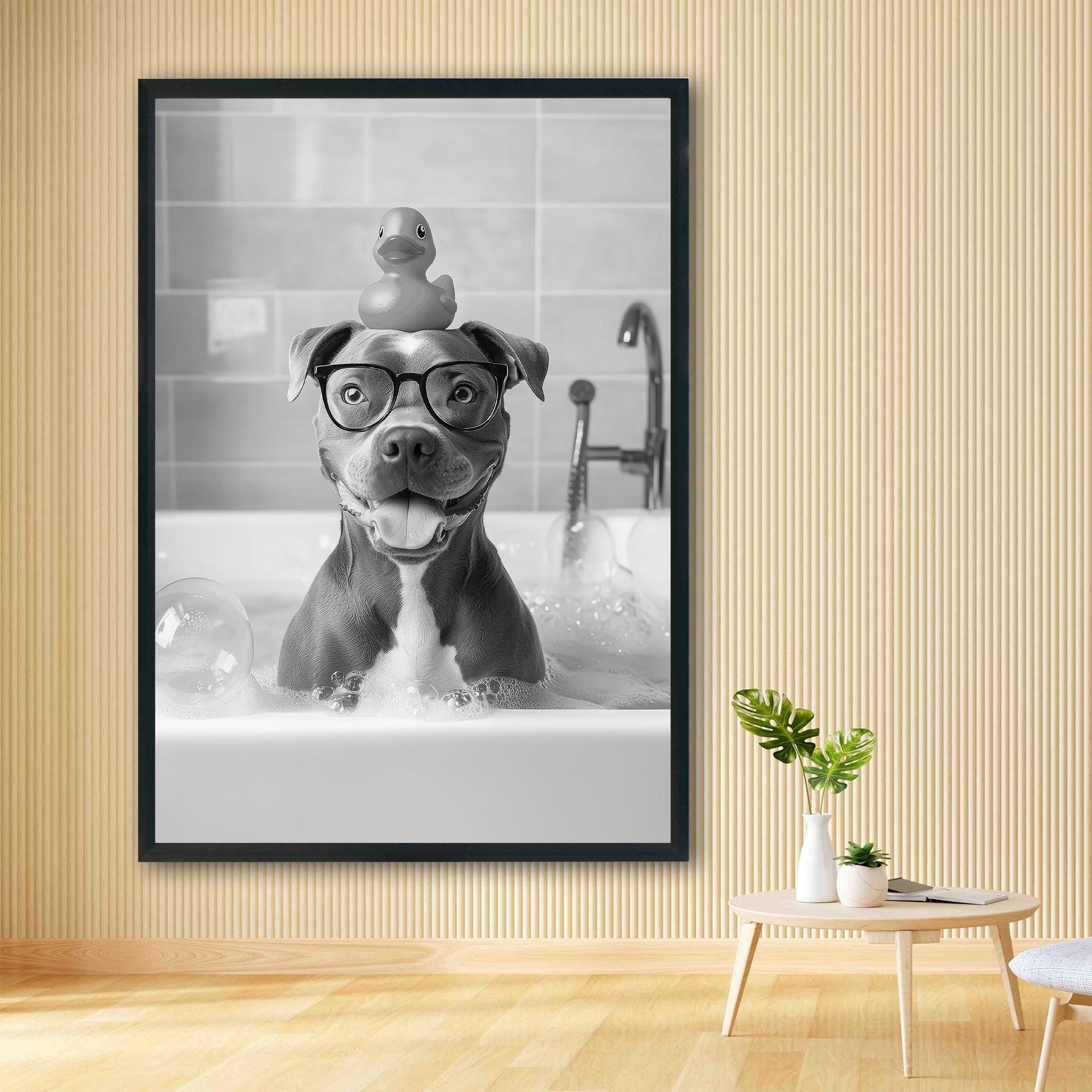 Staffy Bull Terrier Bath Wall Art, Dog In Bathtub Poster, Funny Dog Art, Bathroom Wall Decor - B