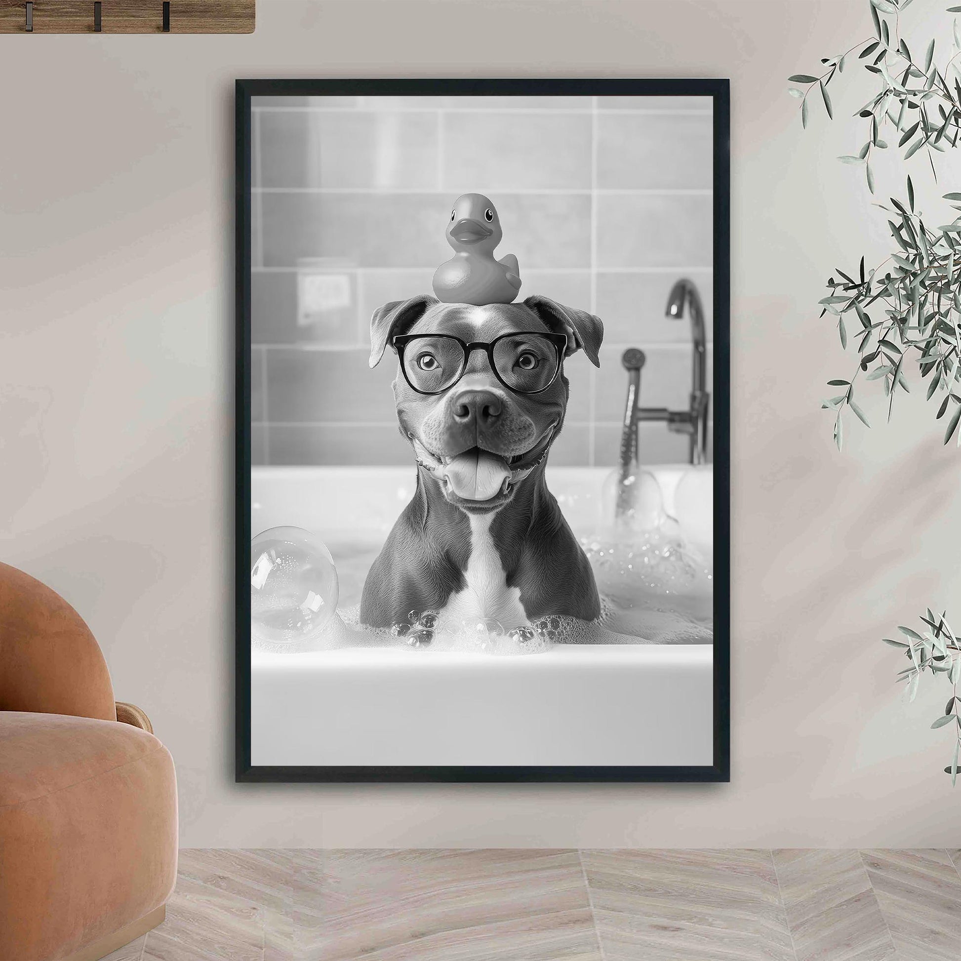 Staffy Bull Terrier Bath Wall Art, Dog In Bathtub Poster, Funny Dog Art, Bathroom Wall Decor - B