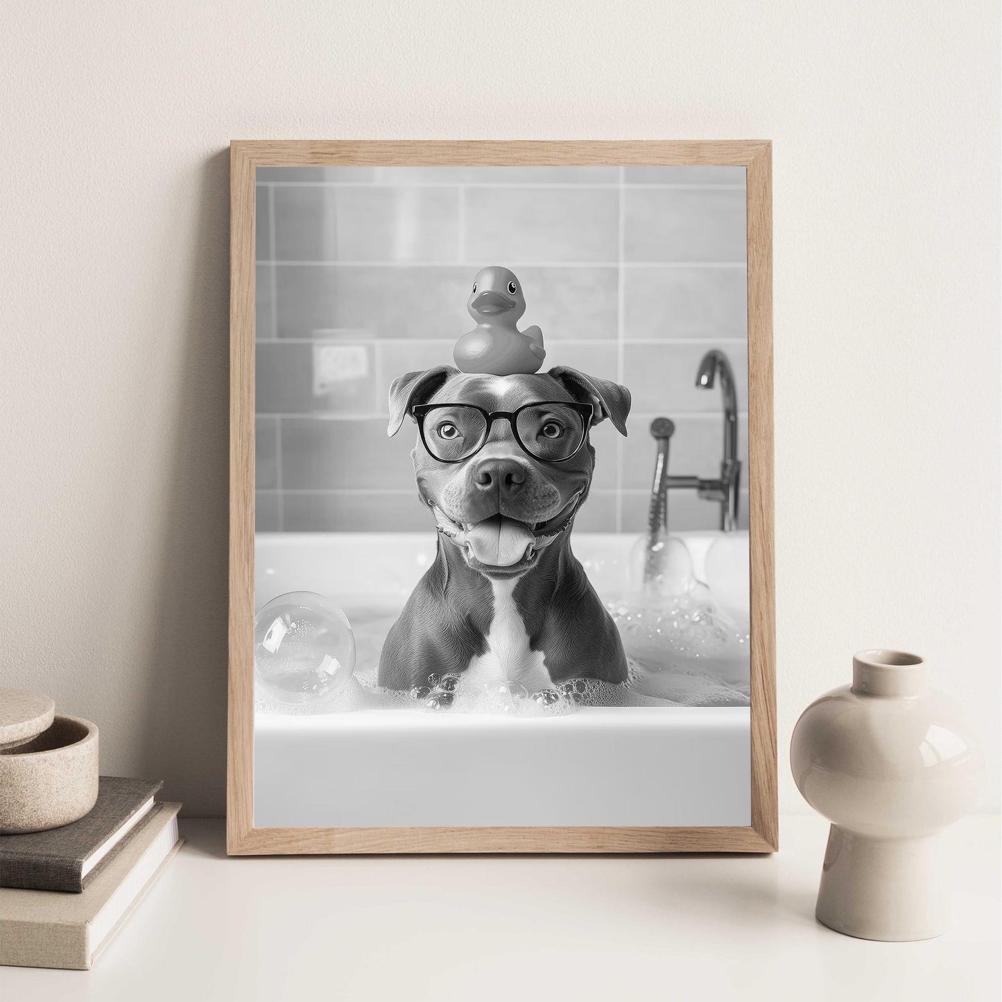 Staffy Bull Terrier Bath Wall Art, Dog In Bathtub Poster, Funny Dog Art, Bathroom Wall Decor - B