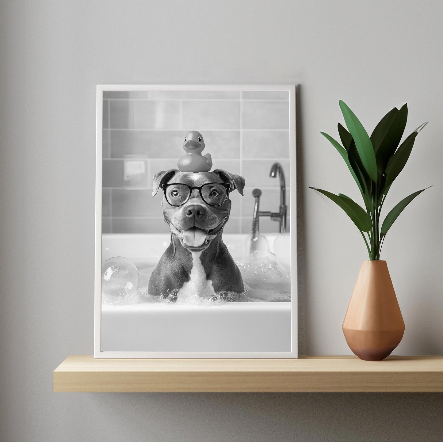 Staffy Bull Terrier Bath Wall Art, Dog In Bathtub Poster, Funny Dog Art, Bathroom Wall Decor - B