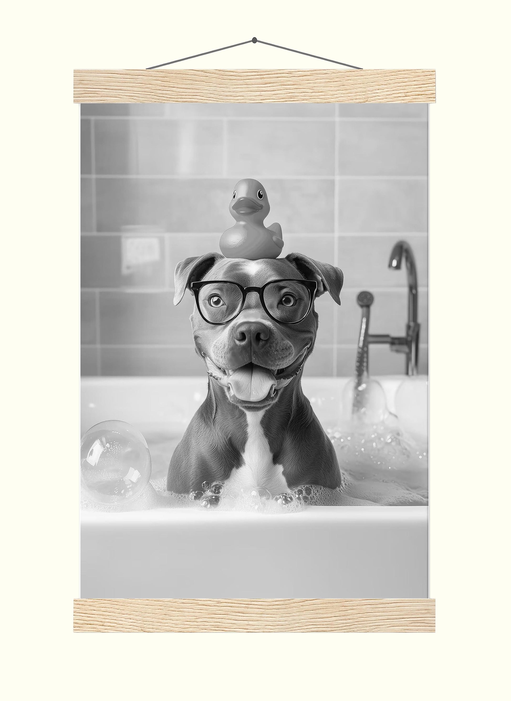 Staffy Bull Terrier Bath Wall Art, Dog In Bathtub Poster, Funny Dog Art, Bathroom Wall Decor - B