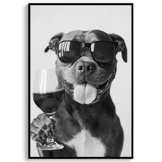 Staffy Bull Terrier and Wine Print Bar Cart Print, Funny Dog Poster, Trendy Kitchen Decor - Black and White Wall Art