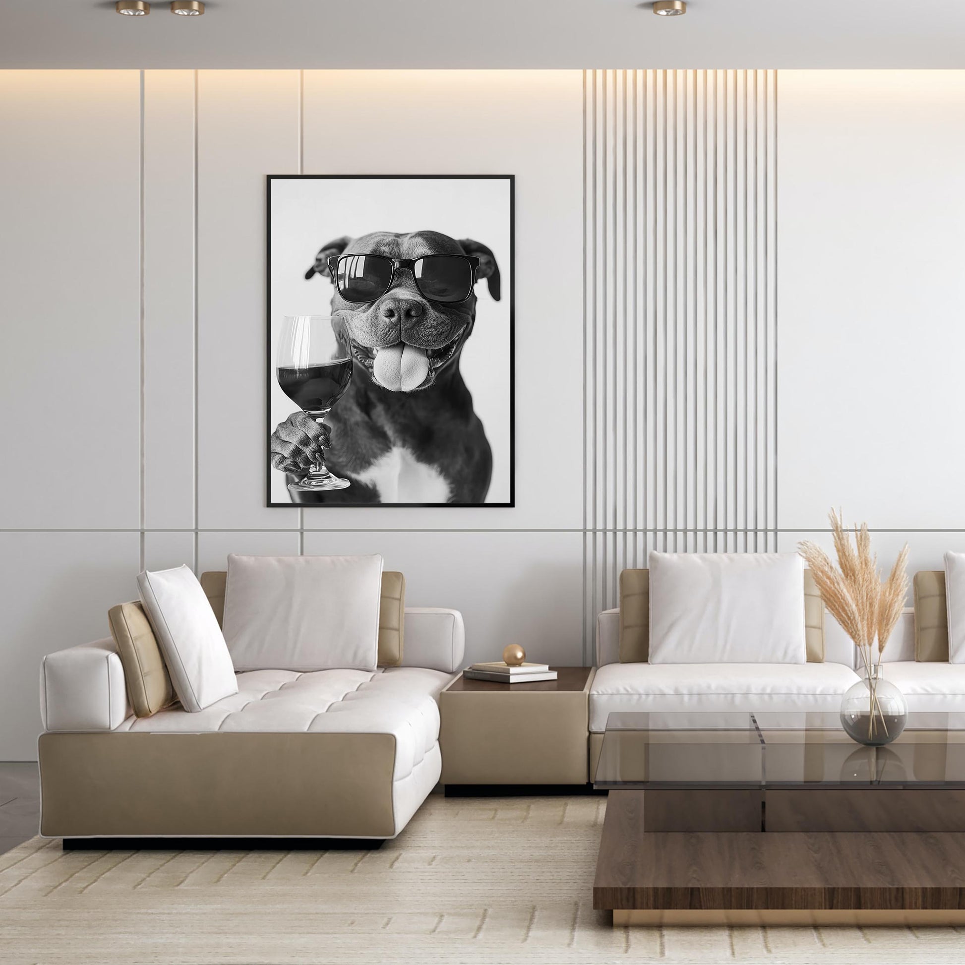 Staffy Bull Terrier and Wine Print Bar Cart Print, Funny Dog Poster, Trendy Kitchen Decor - Black and White Wall Art