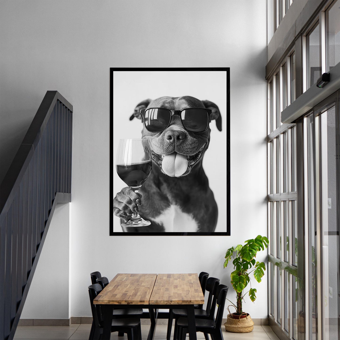 Staffy Bull Terrier and Wine Print Bar Cart Print, Funny Dog Poster, Trendy Kitchen Decor - Black and White Wall Art