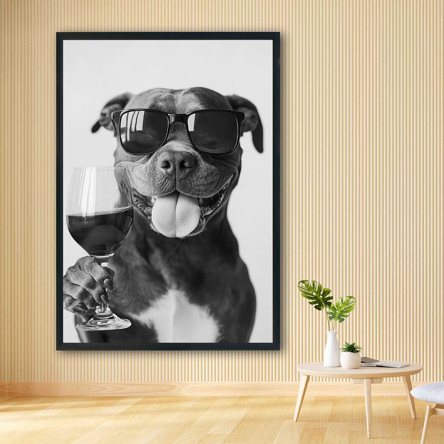 Staffy Bull Terrier and Wine Print Bar Cart Print, Funny Dog Poster, Trendy Kitchen Decor - Black and White Wall Art