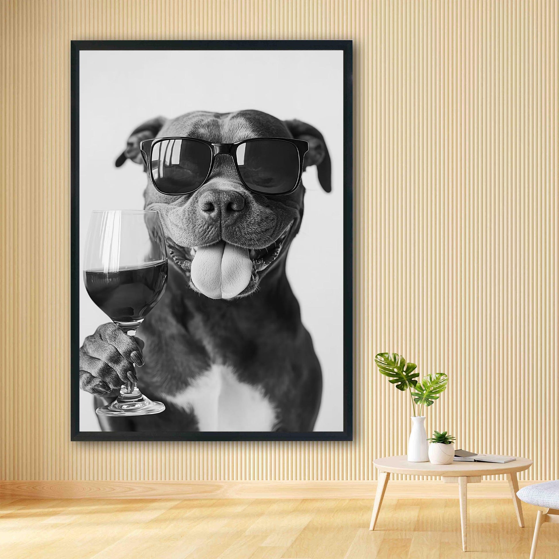 Staffy Bull Terrier and Wine Print Bar Cart Print, Funny Dog Poster, Trendy Kitchen Decor - Black and White Wall Art
