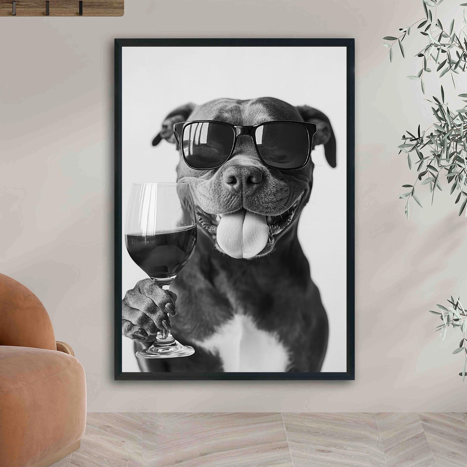 Staffy Bull Terrier and Wine Print Bar Cart Print, Funny Dog Poster, Trendy Kitchen Decor - Black and White Wall Art