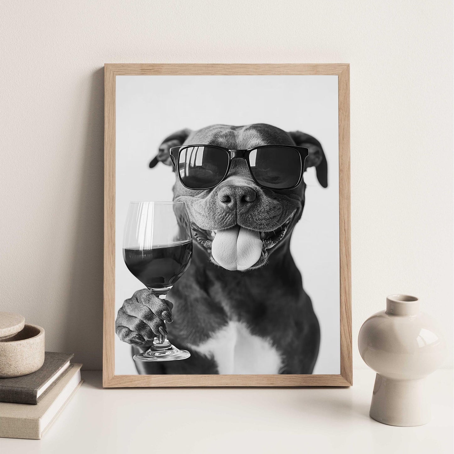 Staffy Bull Terrier and Wine Print Bar Cart Print, Funny Dog Poster, Trendy Kitchen Decor - Black and White Wall Art