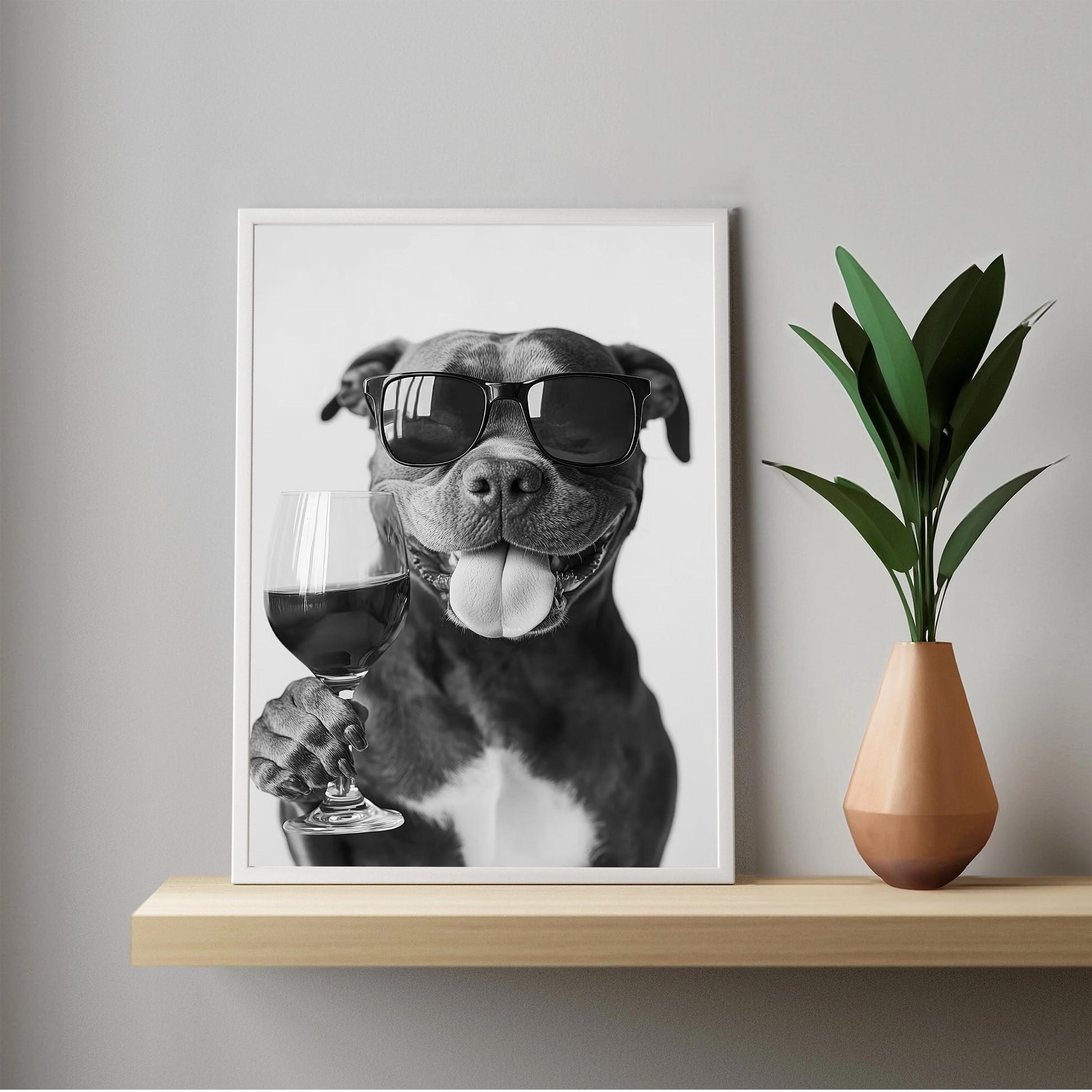 Staffy Bull Terrier and Wine Print Bar Cart Print, Funny Dog Poster, Trendy Kitchen Decor - Black and White Wall Art