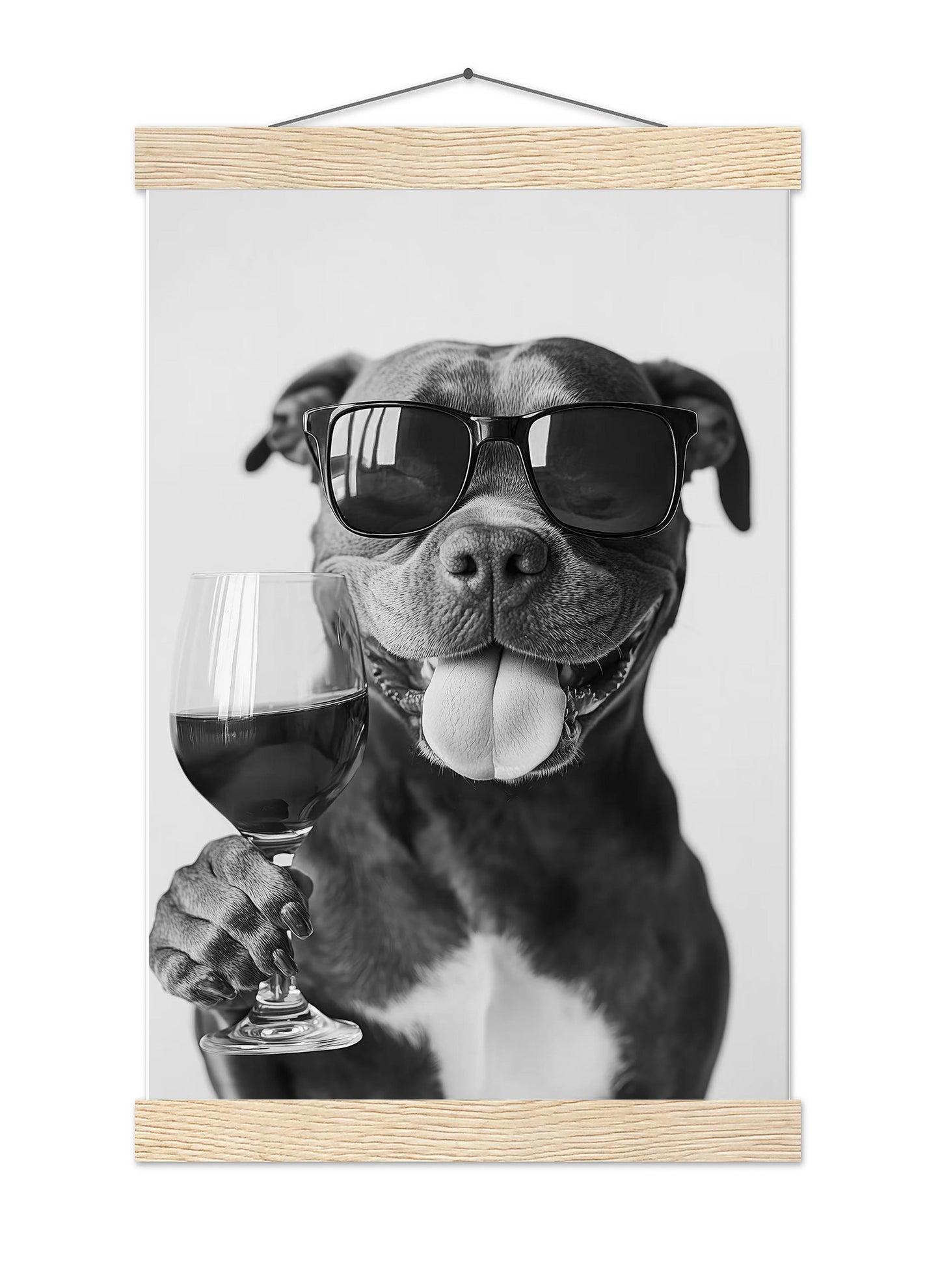 Staffy Bull Terrier and Wine Print Bar Cart Print, Funny Dog Poster, Trendy Kitchen Decor - Black and White Wall Art