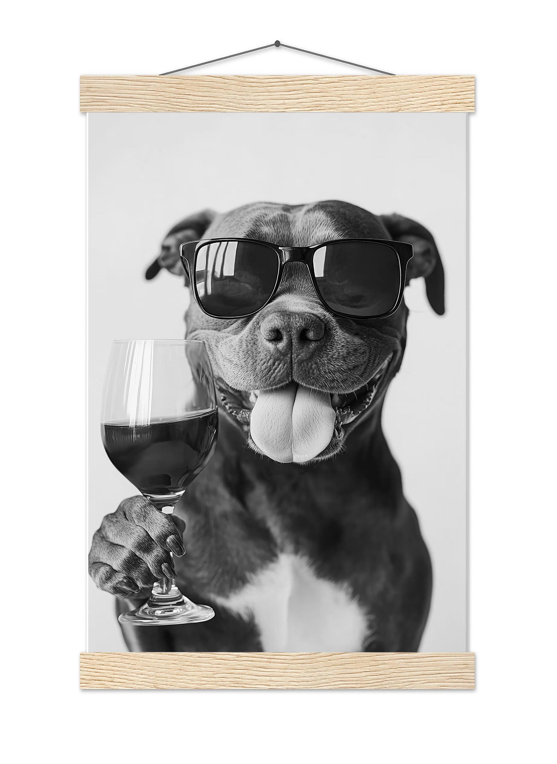 Staffy Bull Terrier and Wine Print Bar Cart Print, Funny Dog Poster, Trendy Kitchen Decor - Black and White Wall Art