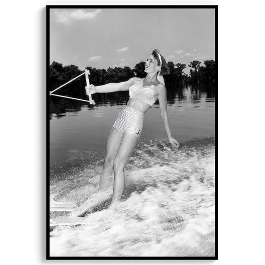 Vintage 1950s Water Skiing Print Lake House Art, Retro Ski Decor - Black and White Wall Art