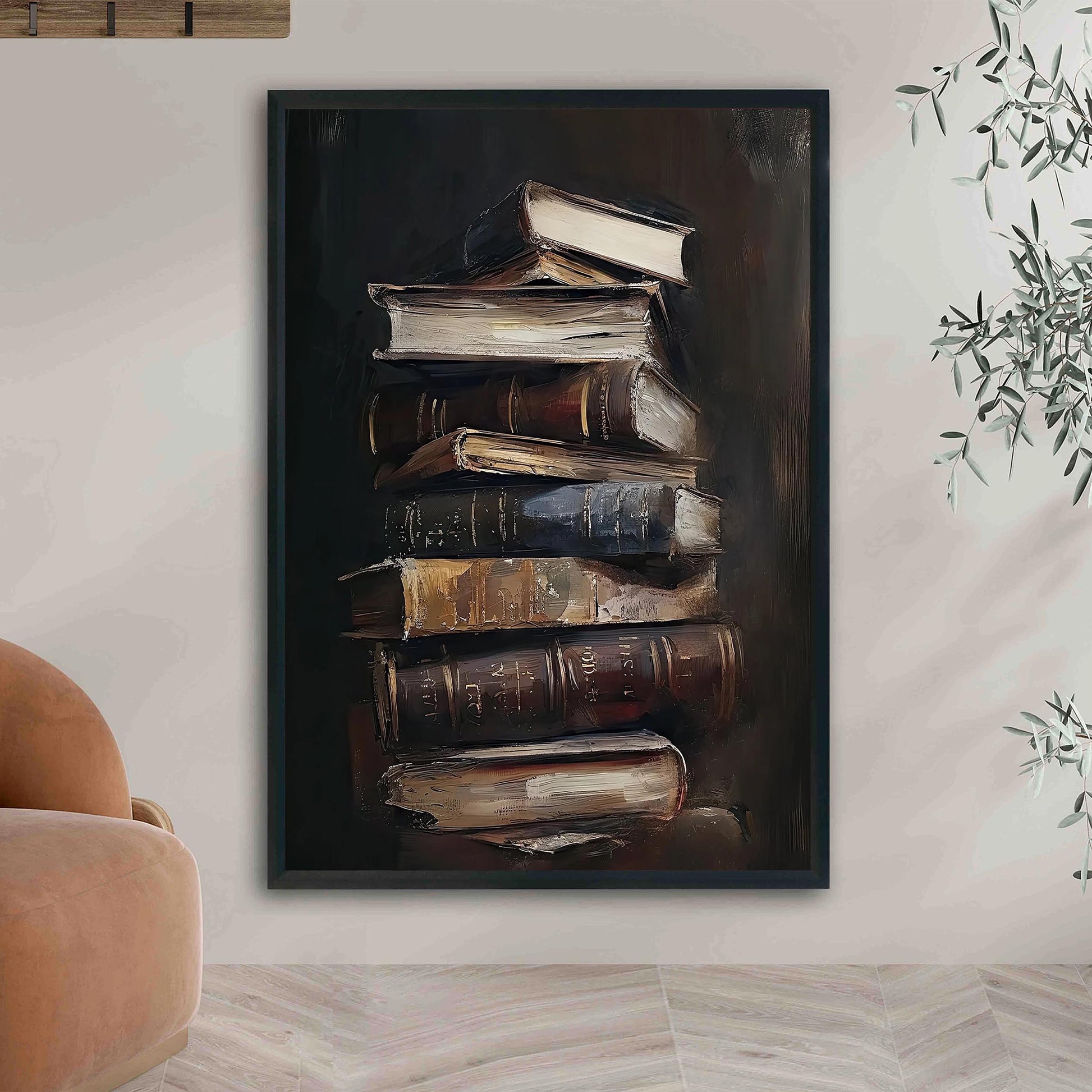 Vintage Books Oil Painting, Moody Library Art Print
