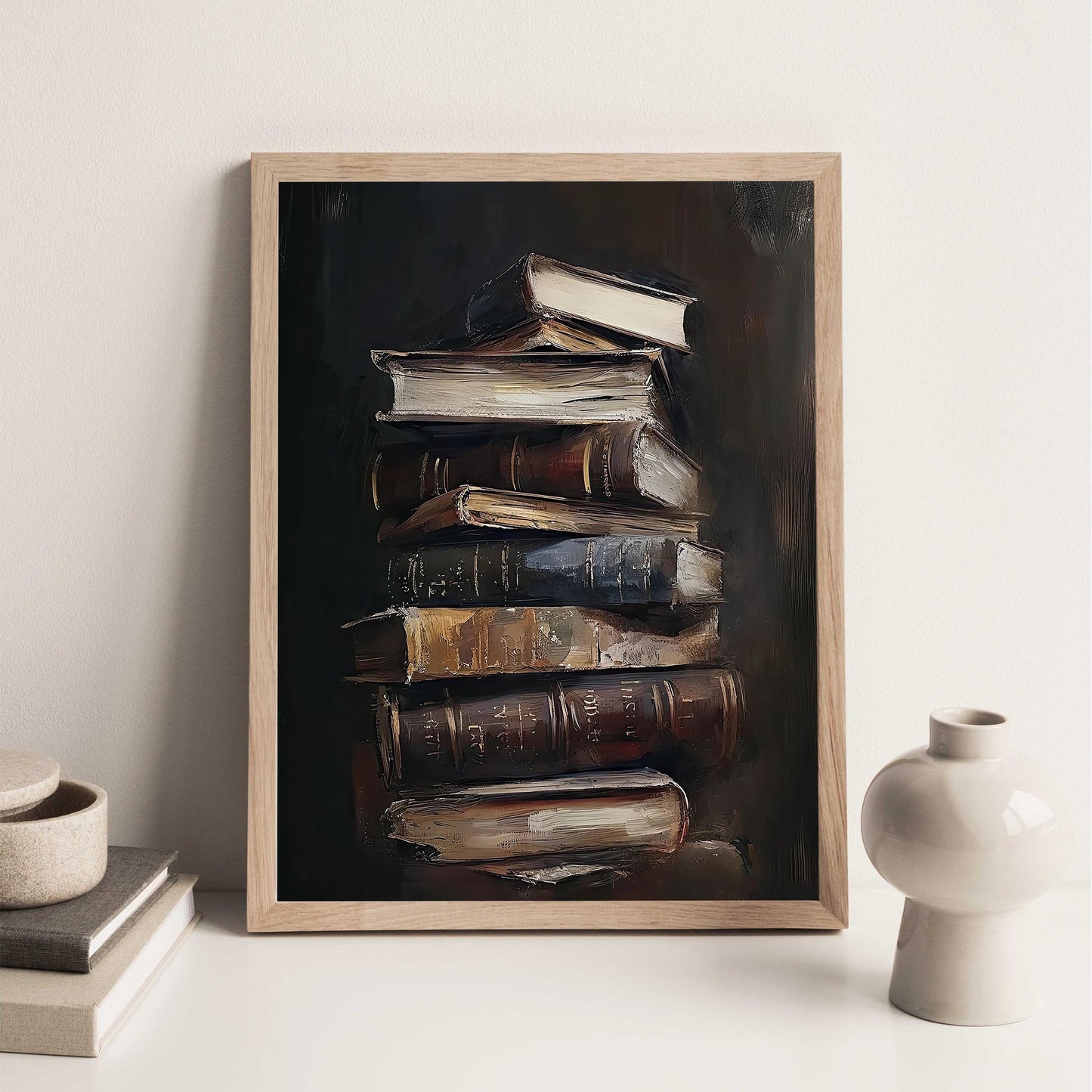 Vintage Books Oil Painting, Moody Library Art Print