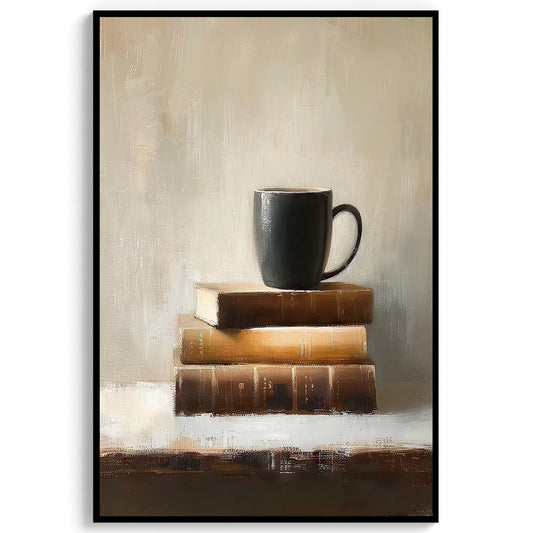 Vintage Books and Coffee Still Life Oil Painting, Cottagecore Print