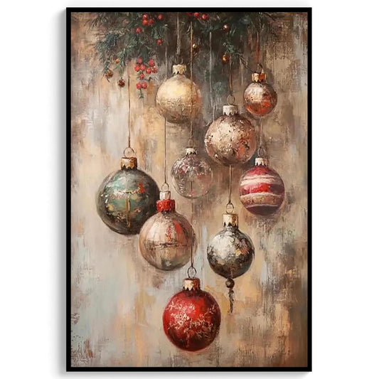 Vintage Christmas Ornaments Wall Art Print Featuring Mistletoe & Holly Berries, Rustic Moody Festive Digital