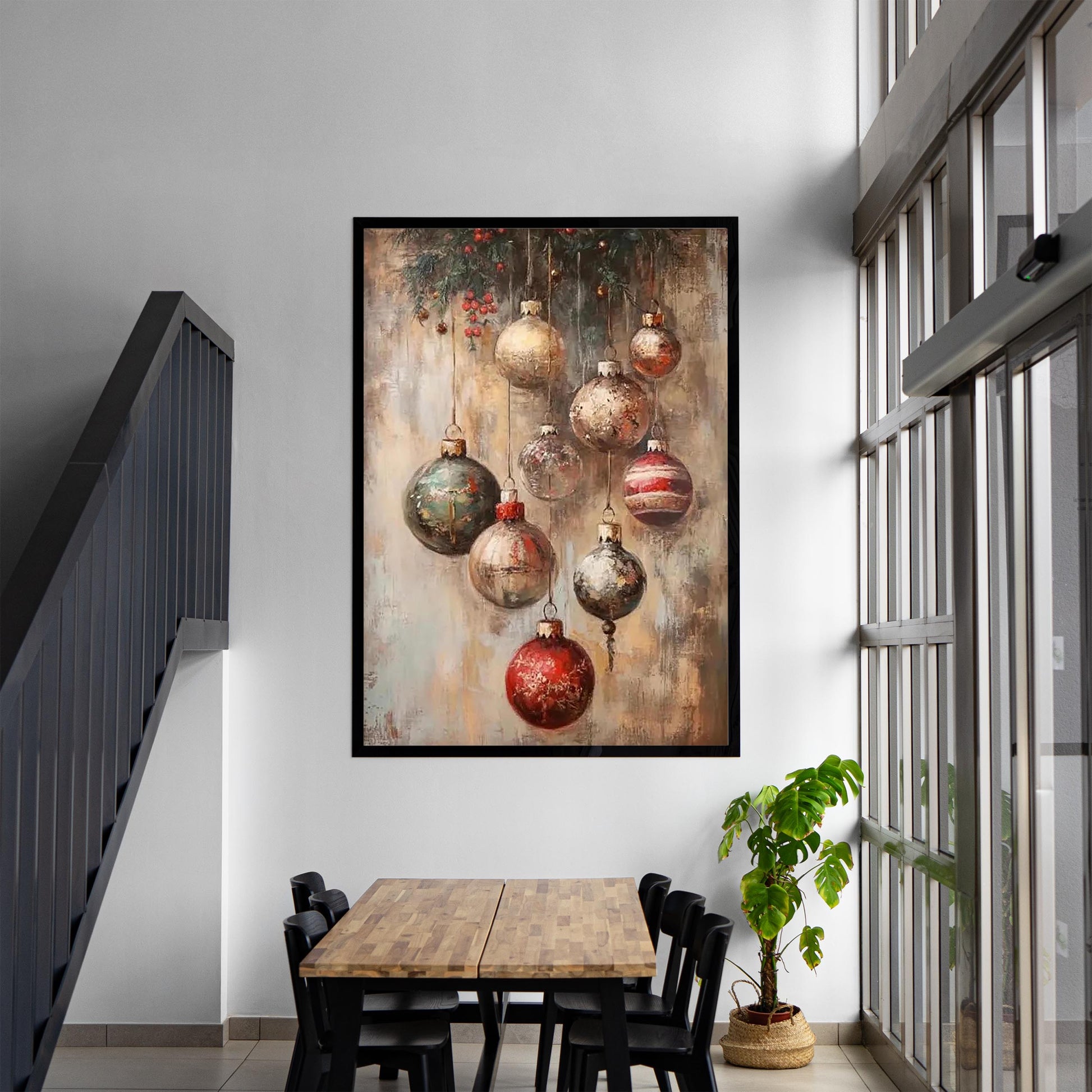 Vintage Christmas Ornaments Wall Art Print Featuring Mistletoe & Holly Berries, Rustic Moody Festive Digital