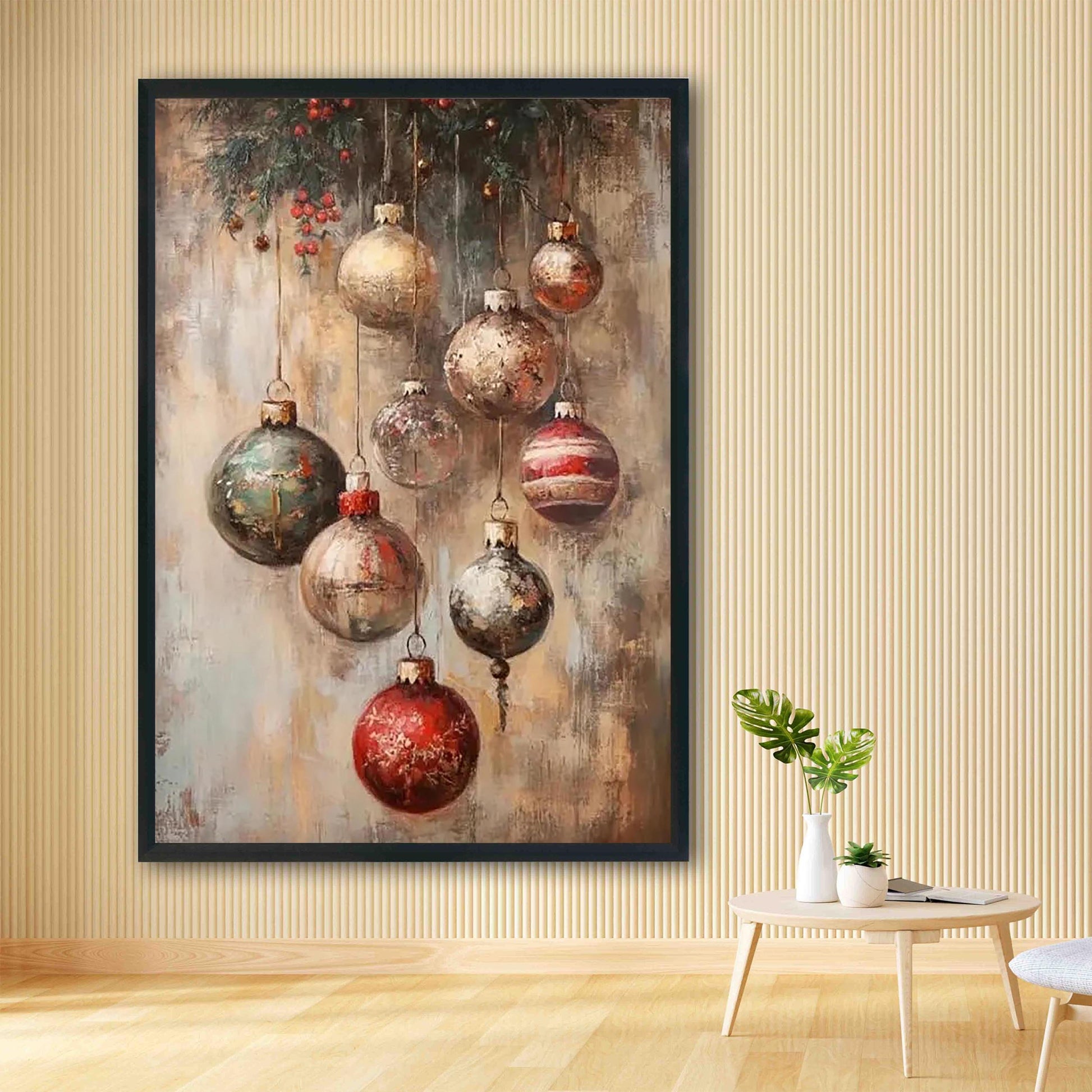 Vintage Christmas Ornaments Wall Art Print Featuring Mistletoe & Holly Berries, Rustic Moody Festive Digital