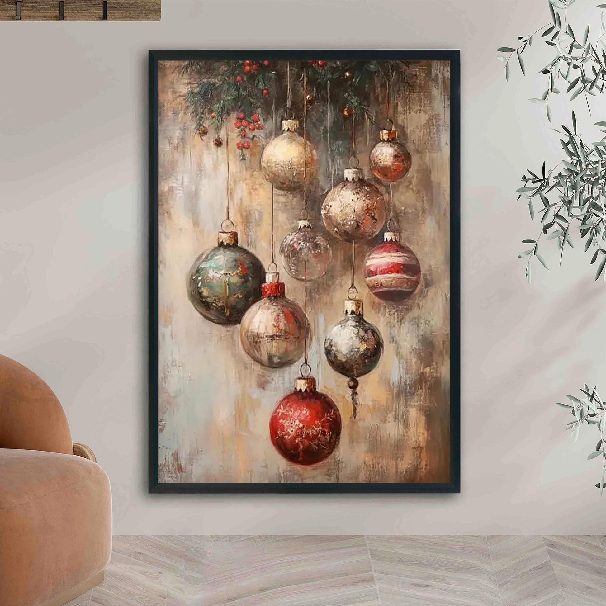 Vintage Christmas Ornaments Wall Art Print Featuring Mistletoe & Holly Berries, Rustic Moody Festive Digital
