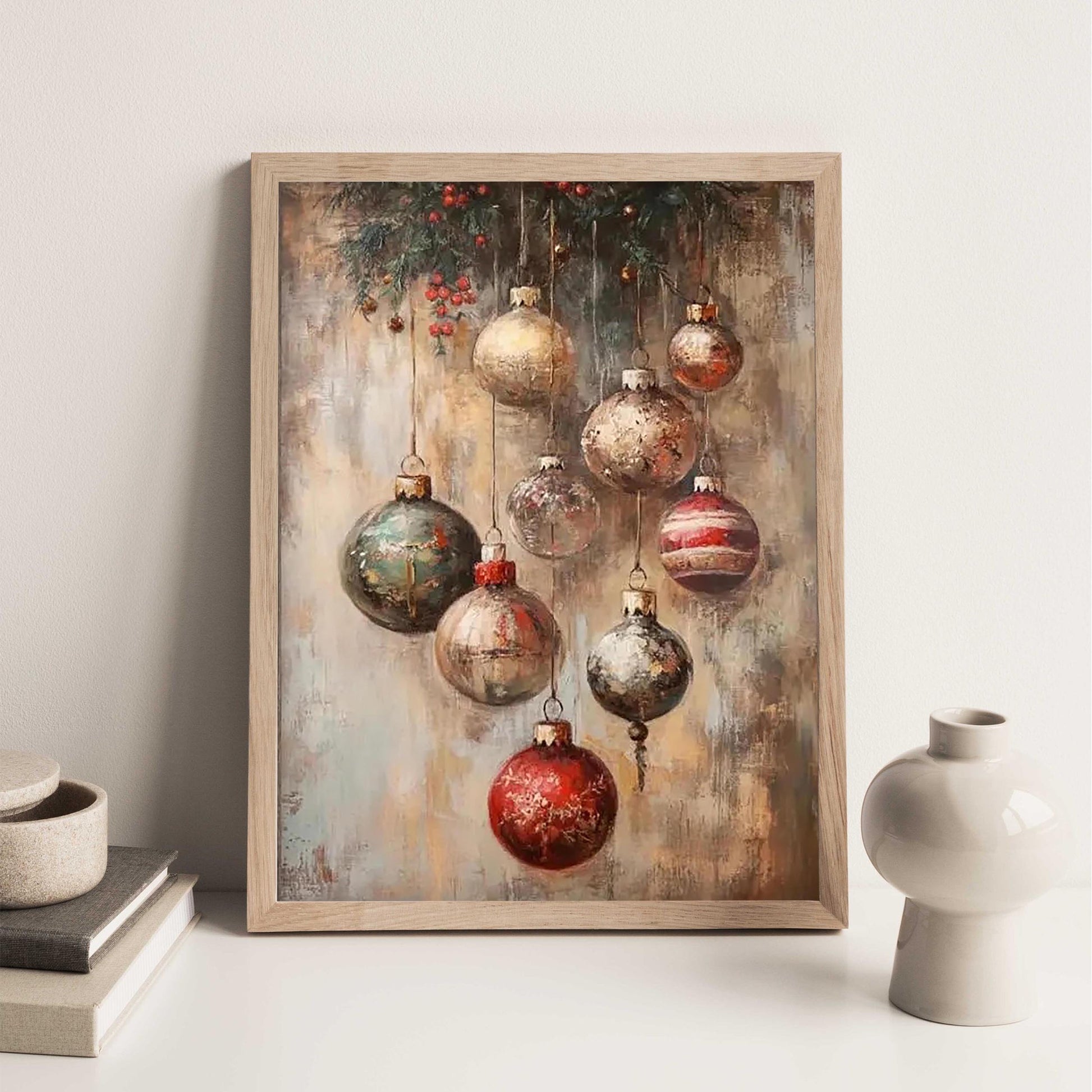 Vintage Christmas Ornaments Wall Art Print Featuring Mistletoe & Holly Berries, Rustic Moody Festive Digital