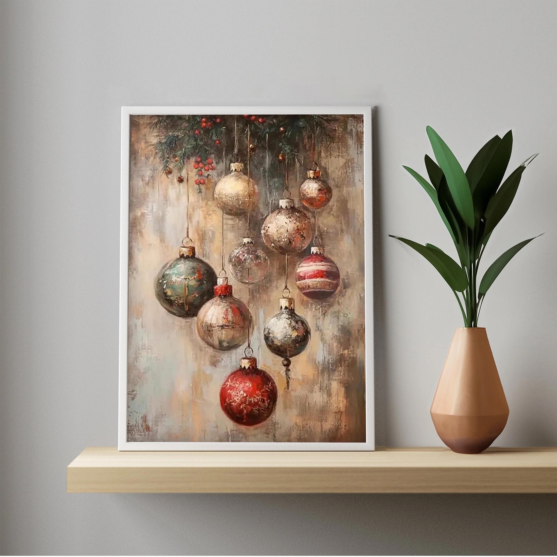 Vintage Christmas Ornaments Wall Art Print Featuring Mistletoe & Holly Berries, Rustic Moody Festive Digital
