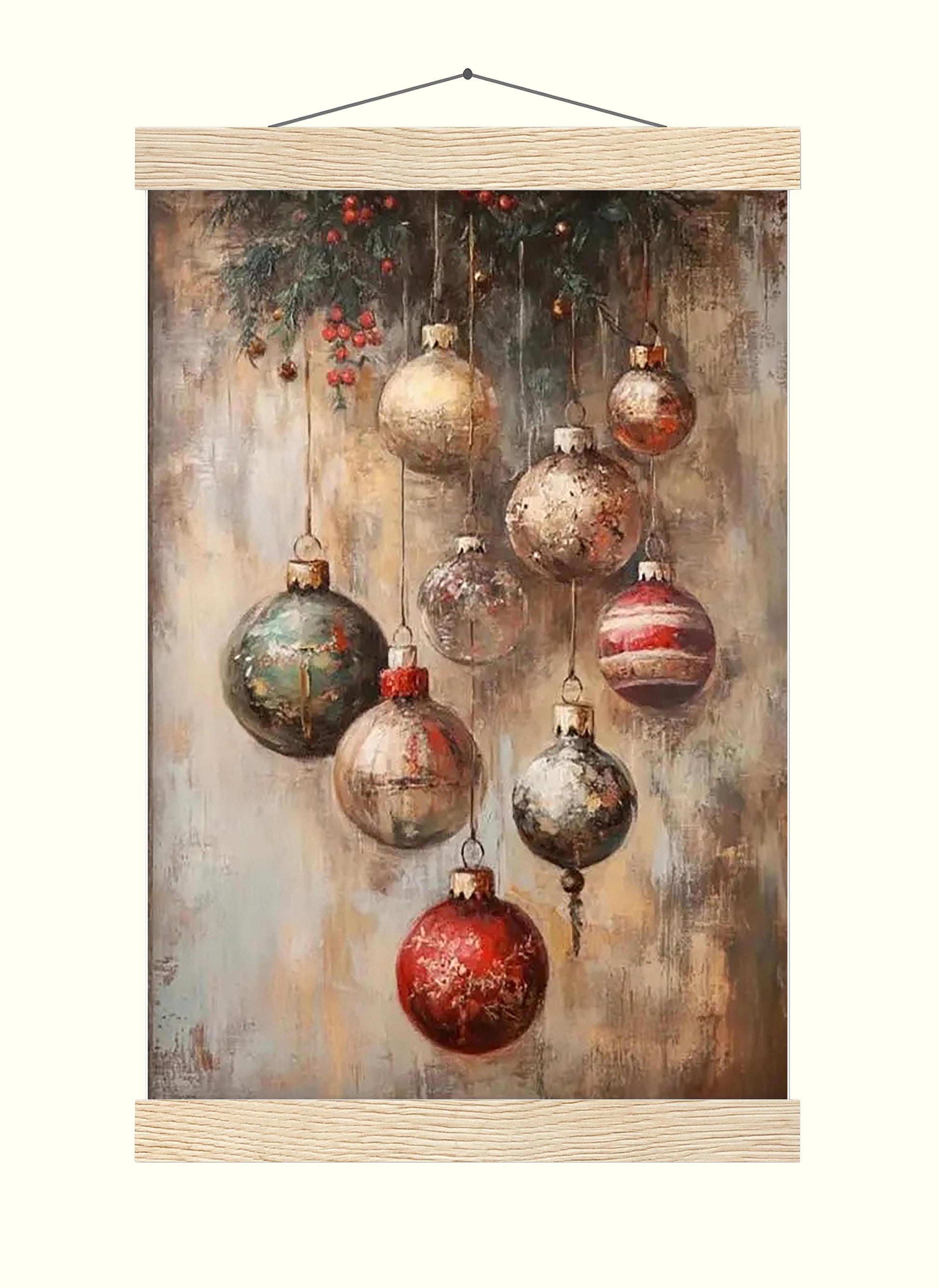 Vintage Christmas Ornaments Wall Art Print Featuring Mistletoe & Holly Berries, Rustic Moody Festive Digital