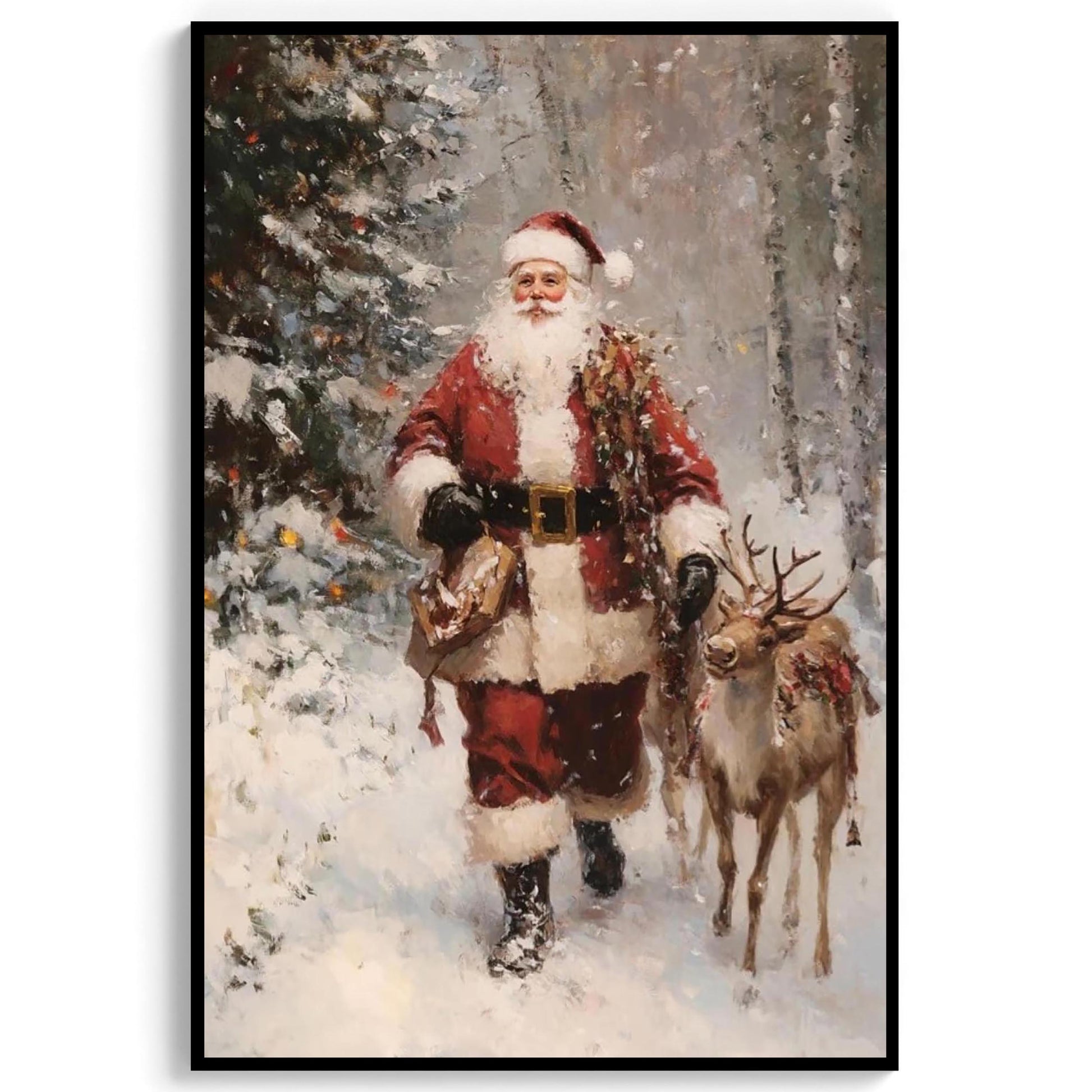 Vintage Christmas Wall Art Print, Santa Clause And Reindeer in Snow Covered Pine Tree Forest, Rustic Moody C