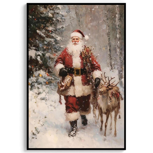 Vintage Christmas Wall Art Print, Santa Clause And Reindeer in Snow Covered Pine Tree Forest, Rustic Moody C