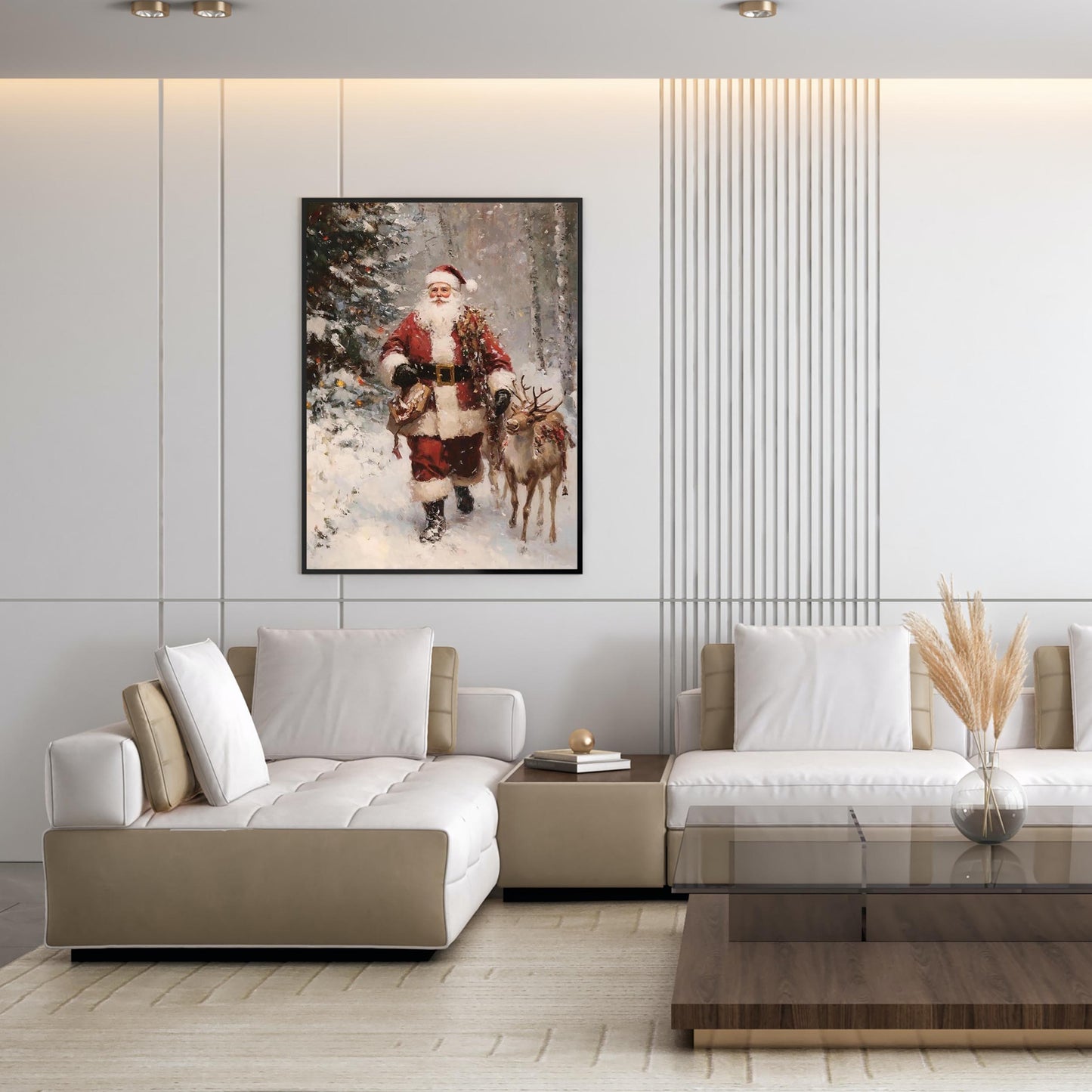 Vintage Christmas Wall Art Print, Santa Clause And Reindeer in Snow Covered Pine Tree Forest, Rustic Moody C