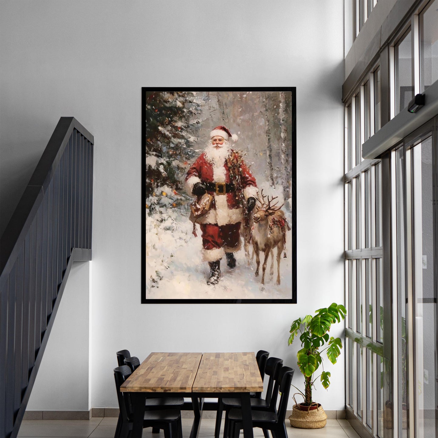 Vintage Christmas Wall Art Print, Santa Clause And Reindeer in Snow Covered Pine Tree Forest, Rustic Moody C