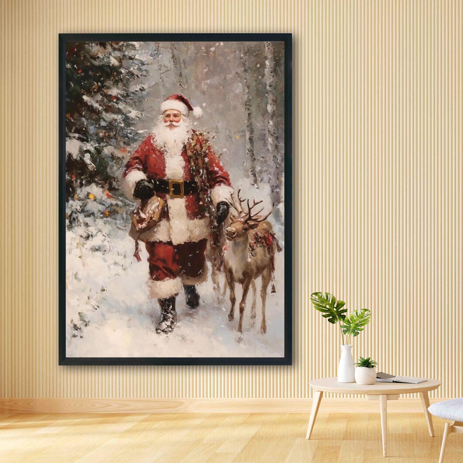 Vintage Christmas Wall Art Print, Santa Clause And Reindeer in Snow Covered Pine Tree Forest, Rustic Moody C