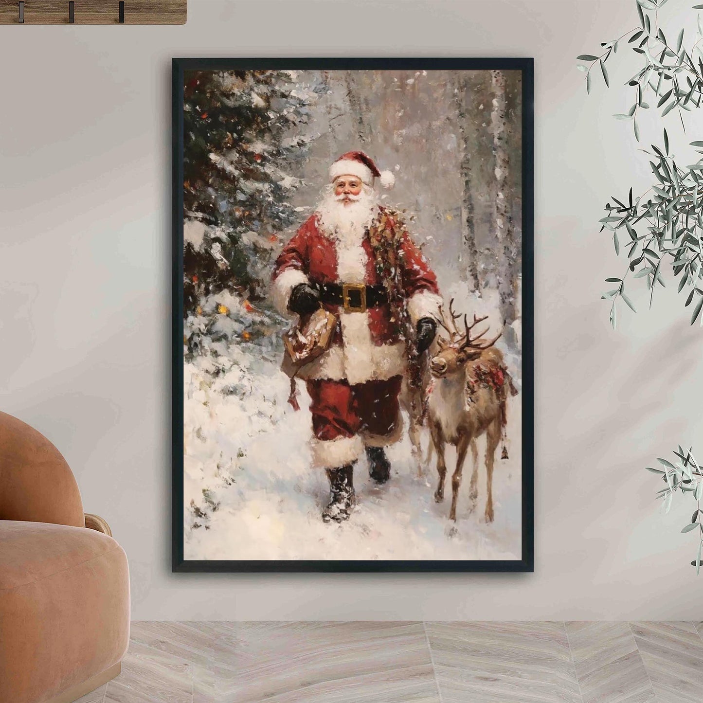 Vintage Christmas Wall Art Print, Santa Clause And Reindeer in Snow Covered Pine Tree Forest, Rustic Moody C