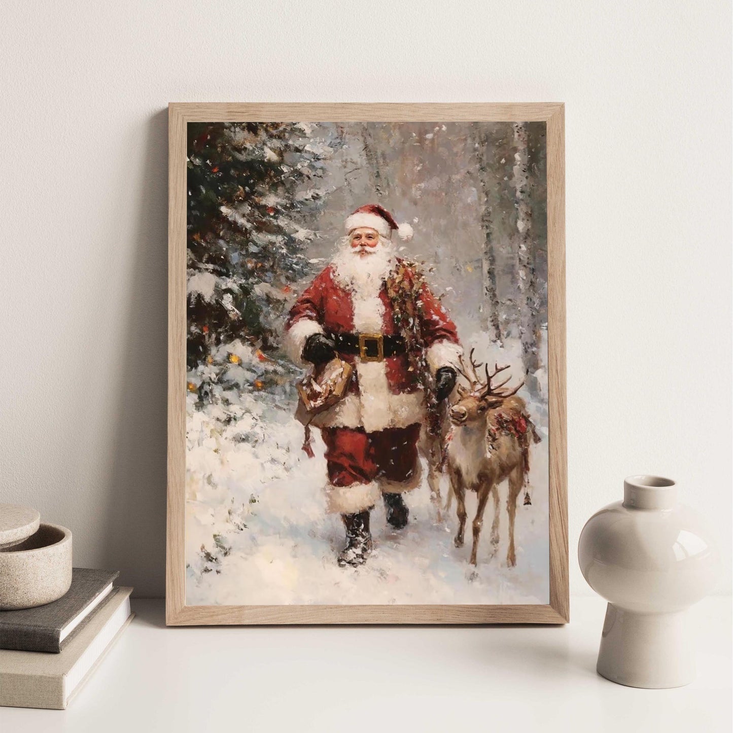 Vintage Christmas Wall Art Print, Santa Clause And Reindeer in Snow Covered Pine Tree Forest, Rustic Moody C
