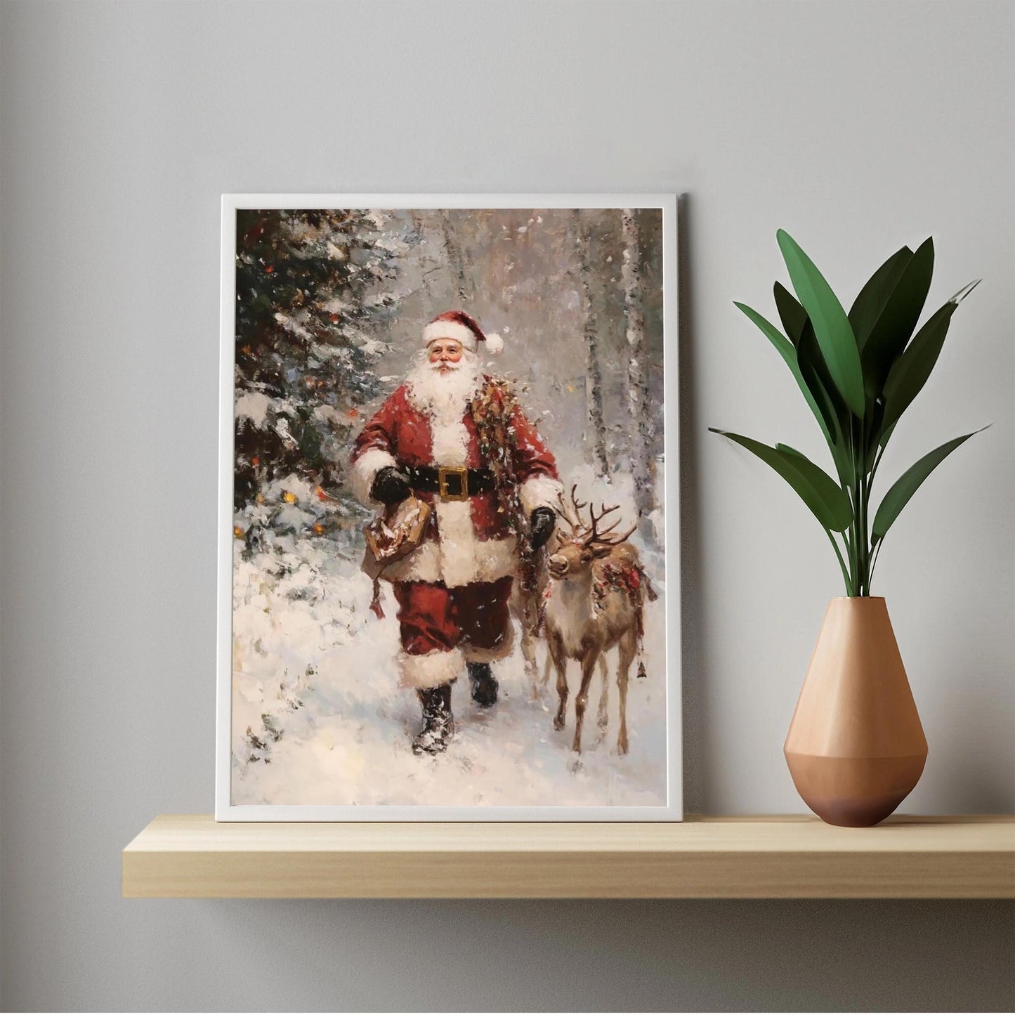 Vintage Christmas Wall Art Print, Santa Clause And Reindeer in Snow Covered Pine Tree Forest, Rustic Moody C