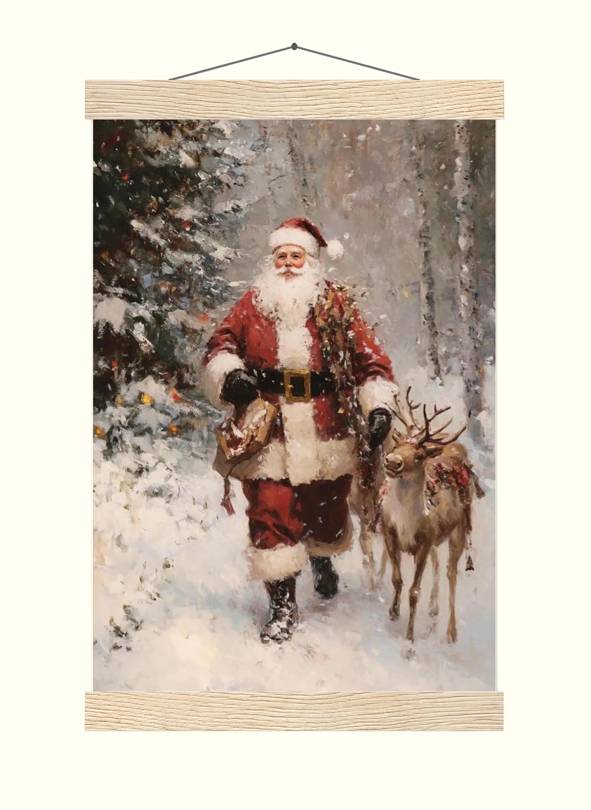 Vintage Christmas Wall Art Print, Santa Clause And Reindeer in Snow Covered Pine Tree Forest, Rustic Moody C