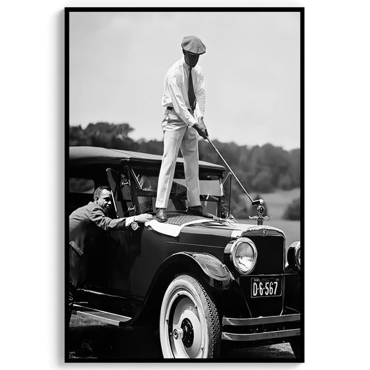 Vintage Golfer Teeing on Classic Car Print Funny Sports Bar Art, Retro Golf Decor - Black and White Wall Art